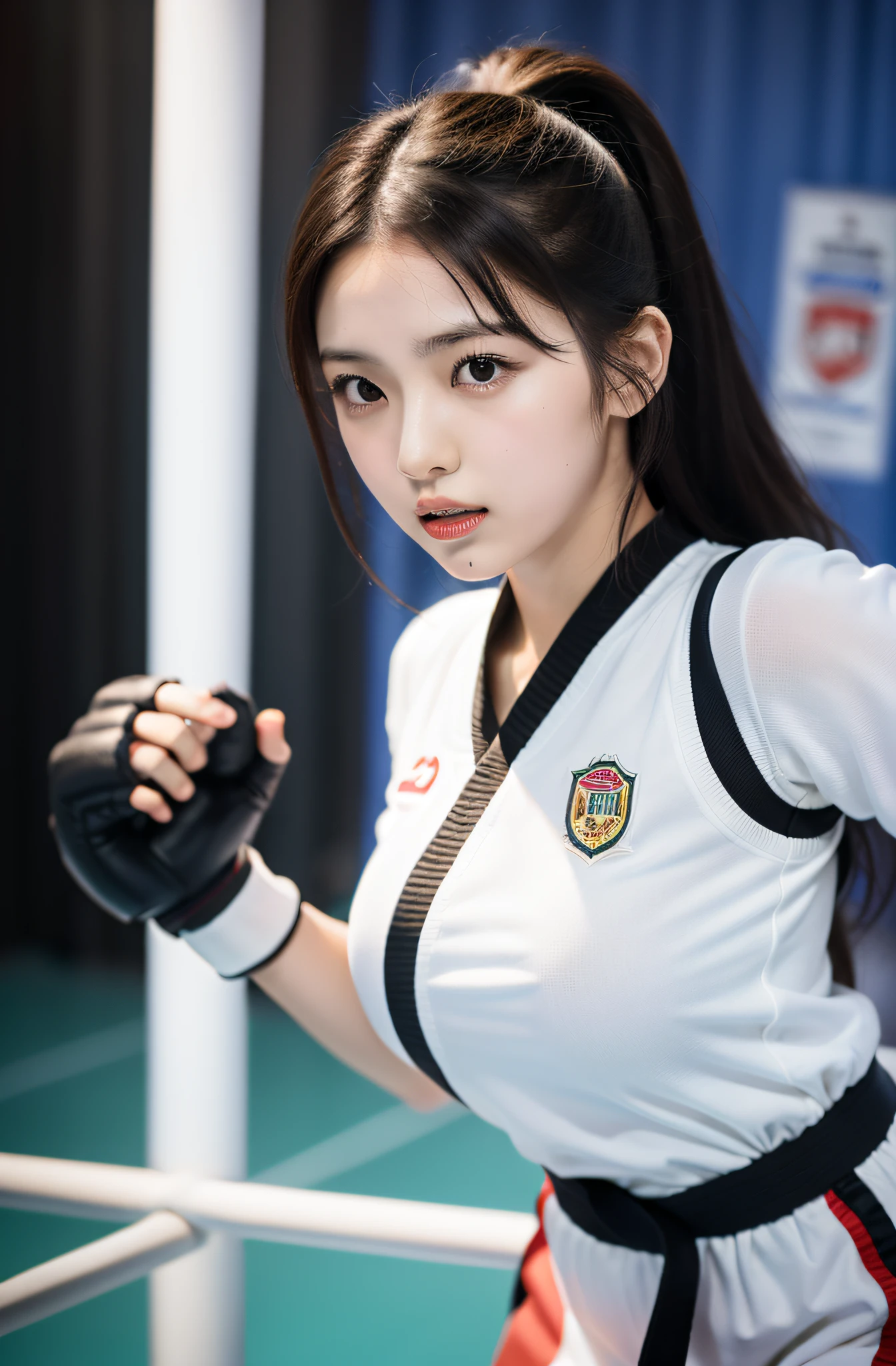 Content: Solo Idol, Eri Kamei from Morning Musume, Dressed as a karate player, In karate uniforms, Black belt, Showing off a cute and beautiful figure in the form of big breasts. She is engaged in a sparring match with another karateka, Emphasis on serious facial expressions and dynamic movements.
Medium: Photography.
Style: Ultra-realistic, High contrast, nffsw, Vivid and rich colors.
Lighting: Shine a strong spotlight on a subject with a slight shadow behind it, Highlight the intensity of the match.
Colors: Natural tones centered on the white of the karate uniform and the deep black of the belt.
Composition: Canon EOS 5D Mark IV DSLR Camera, EF 85mm f/1.8 STM lens, Resolution 30.4 megapixels, ISO sensit: 100, Shutter Speed 1/125 sec, Depth of field to capture every detail of the action.
--ar 16:9 - V5.1 --Style raw --Q 2 --S 750