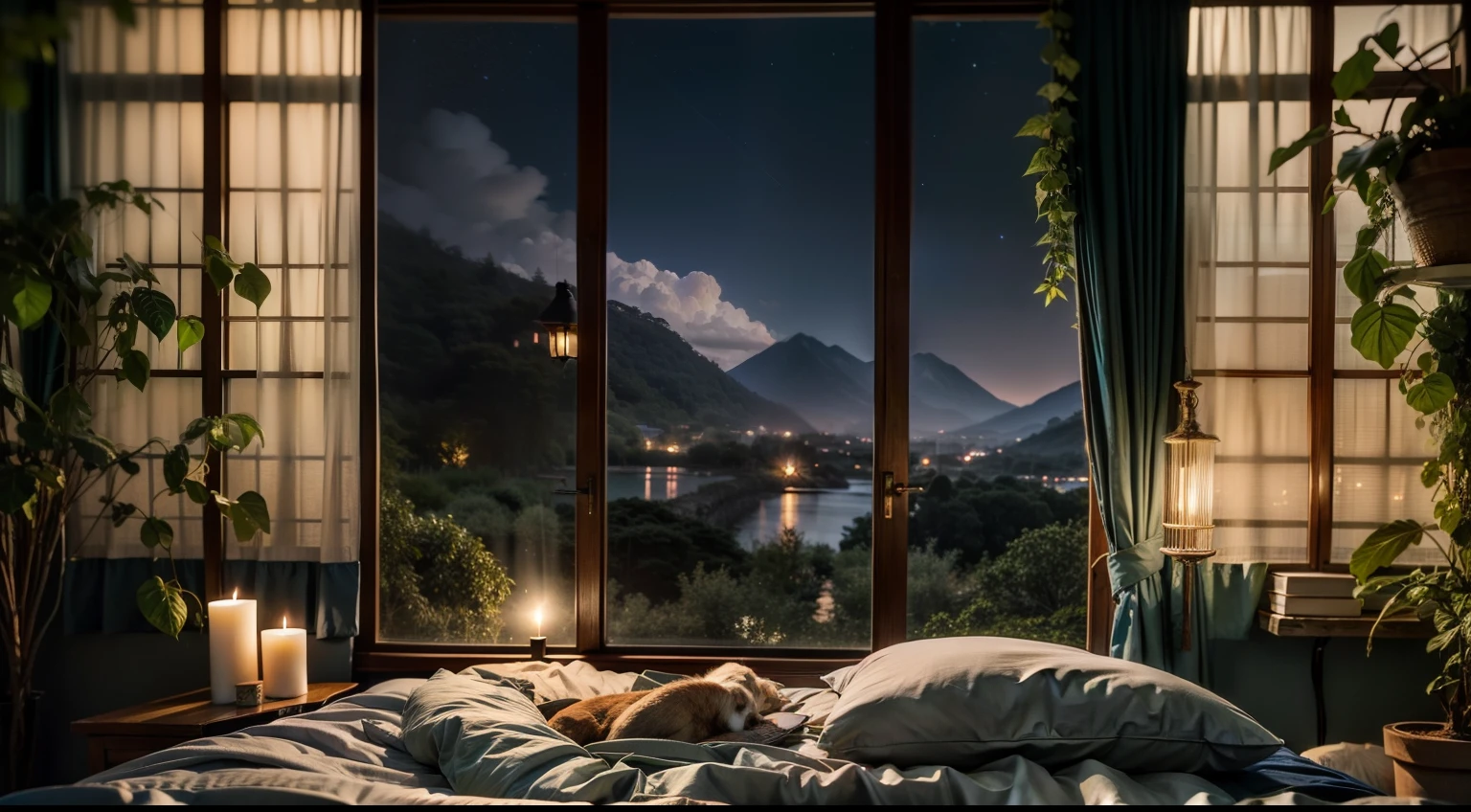 Night in the dim jungle、Large picture window shows beautiful nightscape, Mysterious house covered in ivy、King-size bed in bedroom、Nature-inspired interiors、Earth-toned bedding、Candles relax, Very realistic, photograph, Super Detail, high details, High quality, in 8K