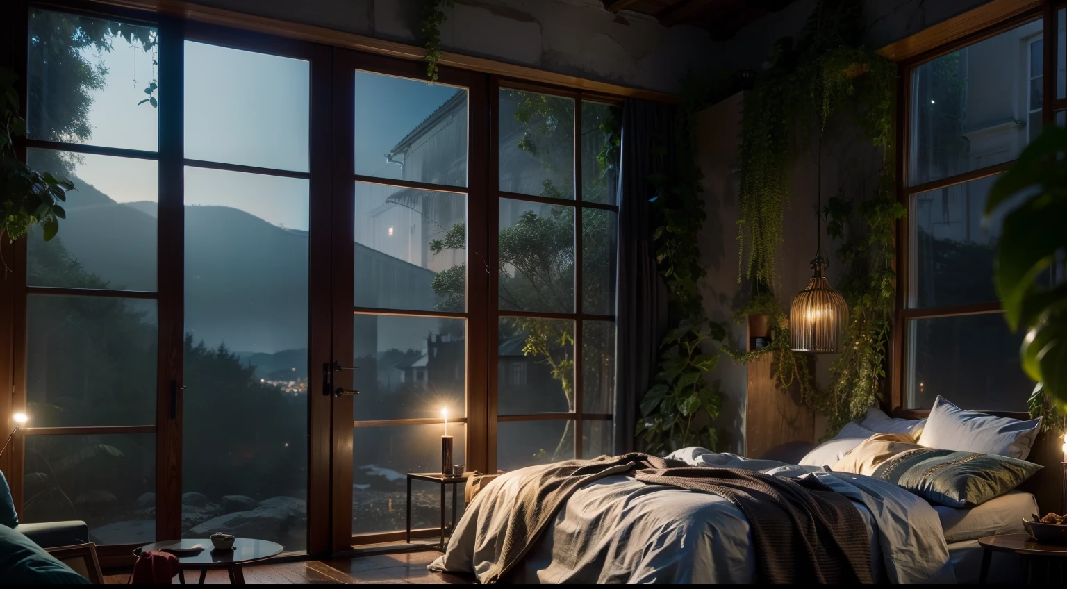 Night in the dim jungle、Large picture window shows beautiful nightscape, Mysterious house covered in ivy、King-size bed in bedroom、Nature-inspired interiors、Earth-toned bedding、Candles relax, Very realistic, photograph, Super Detail, high details, High quality, in 8K