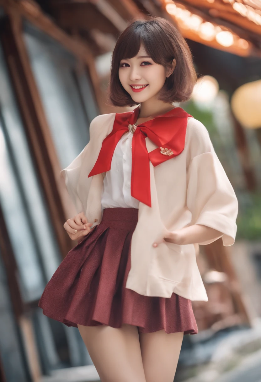 high-level image quality　japanes　校服　a miniskirt　Shorthair　Breast　a smile　kawaii girl