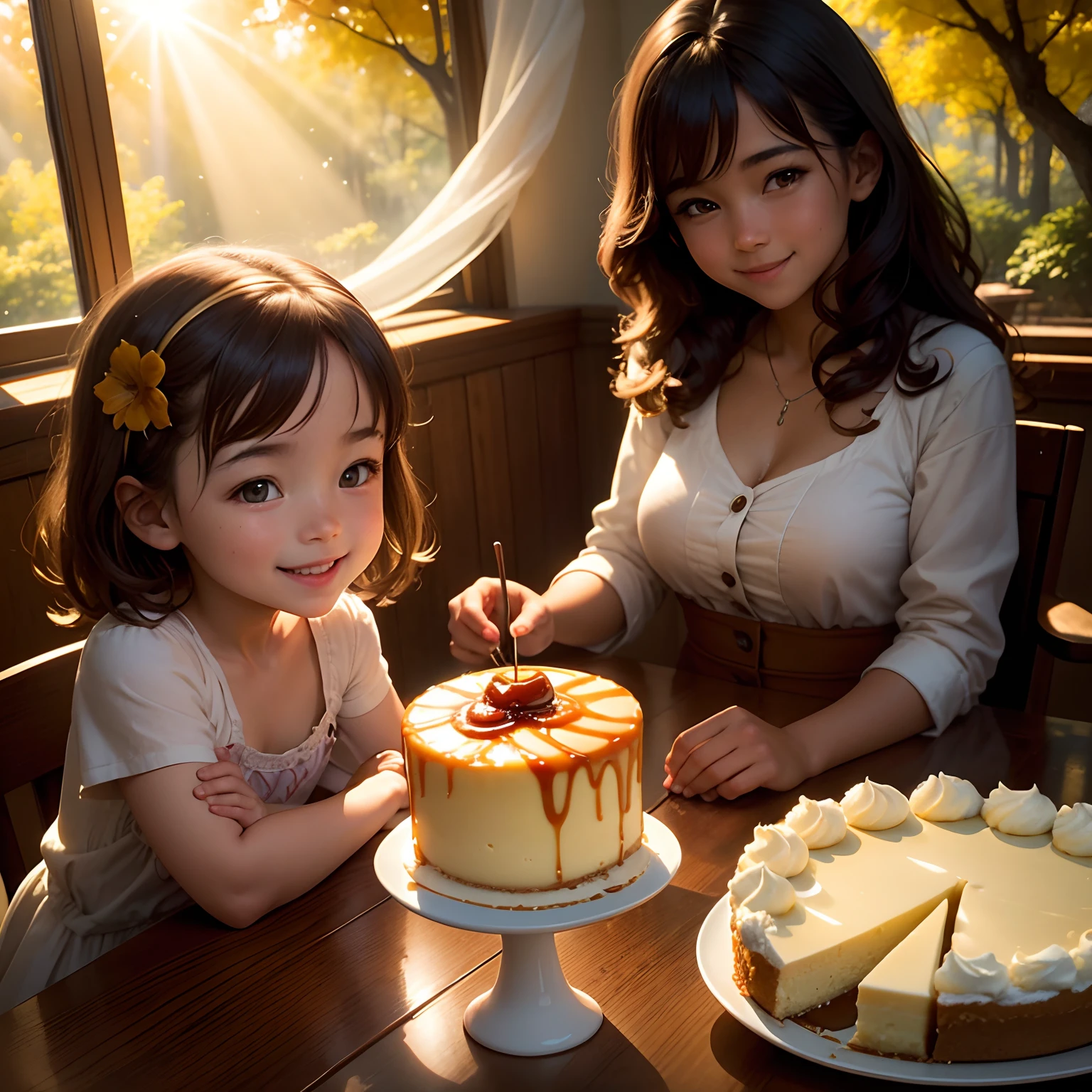 finest image, Fresh cheesecake with brandy caramel sauce in front of the girl, A happy smile, Sunbeams filtering through the trees, room, professional lighting