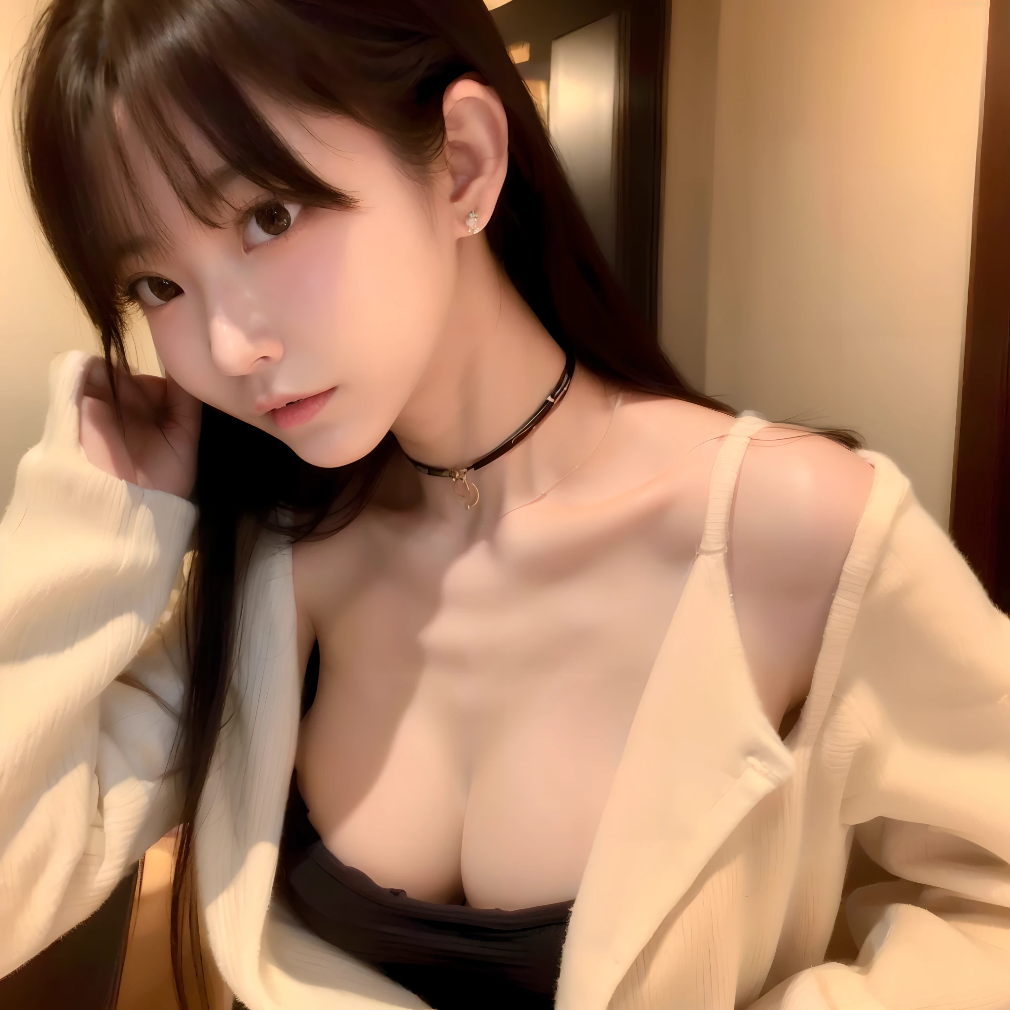 (masutepiece:1.2), Realistic, photo of 18 y.Girl in loose shirt(Unbuttoned shirt), half  , Best Quality, (Big breasts:1.4), Bare shoulders, cleavage, NSFW Something?, [[Hands hidden behind the back]], earrings, Complete shirt, Black Choker, Solo, [SFW]、Lower breast、Lower breast