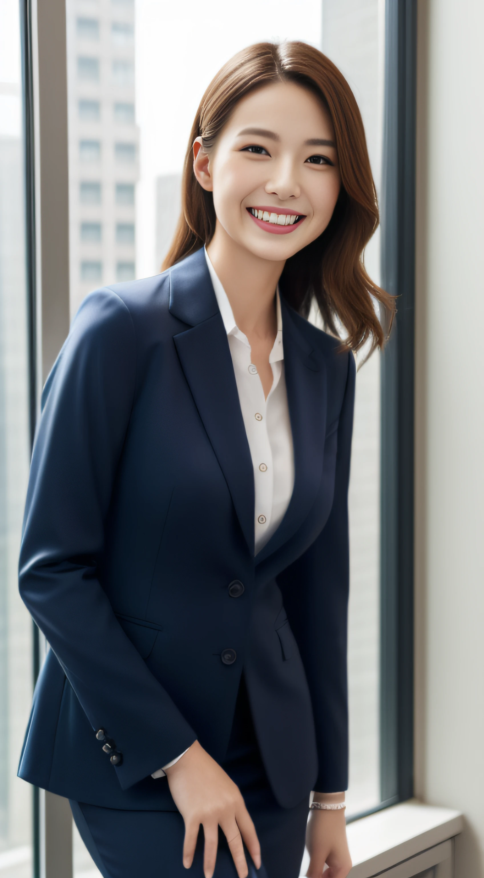 The face is a hostess、The clothes are navy blue business suits high quality、A hyper-realistic、healthy、Smiling expression、Slender perfect figure、Japan beauties、beautidful eyes、face perfect、Beautiful skin、from side、Background is an office on a high floor、by the window