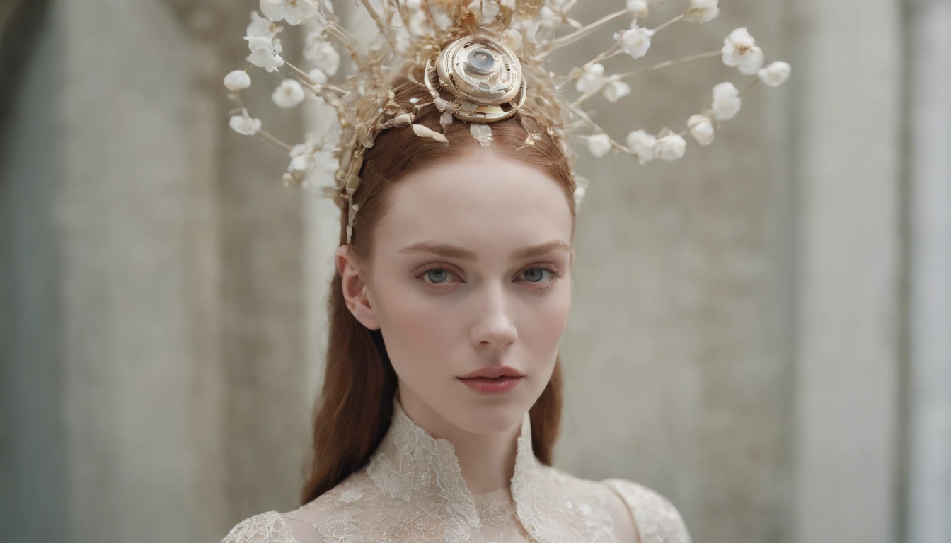 Avant-Garde Fashion Photography: female, porcelain skin, solarpunk, van Gogh influence, piercing amber eyes, portrayed as a sleek, organic robot, futuristic, surrealistic, ultra-high-definition, meticulously detailed, 8k by Tim Walker --ar 2:3.