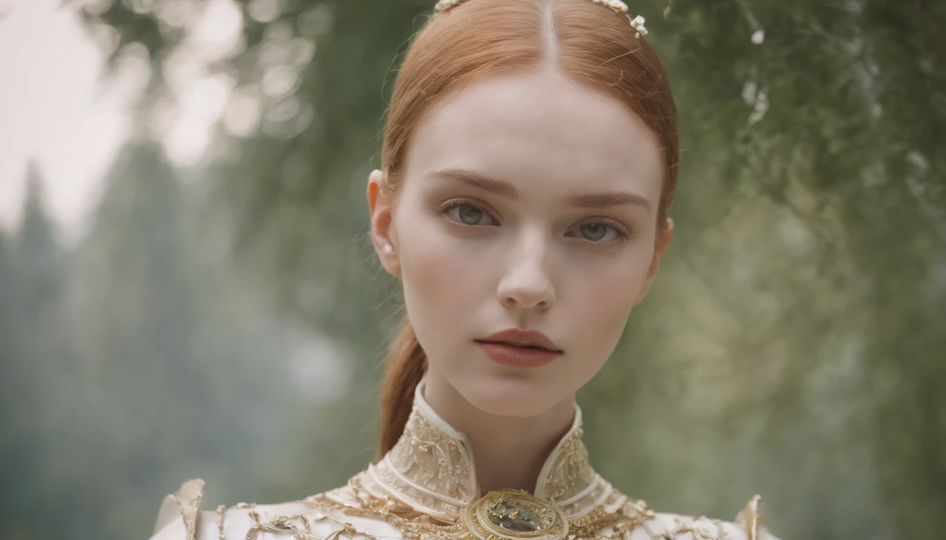 Avant-Garde Fashion Photography: female, porcelain skin, solarpunk, van Gogh influence, piercing amber eyes, portrayed as a sleek, organic robot, futuristic, surrealistic, ultra-high-definition, meticulously detailed, 8k by Tim Walker --ar 2:3.