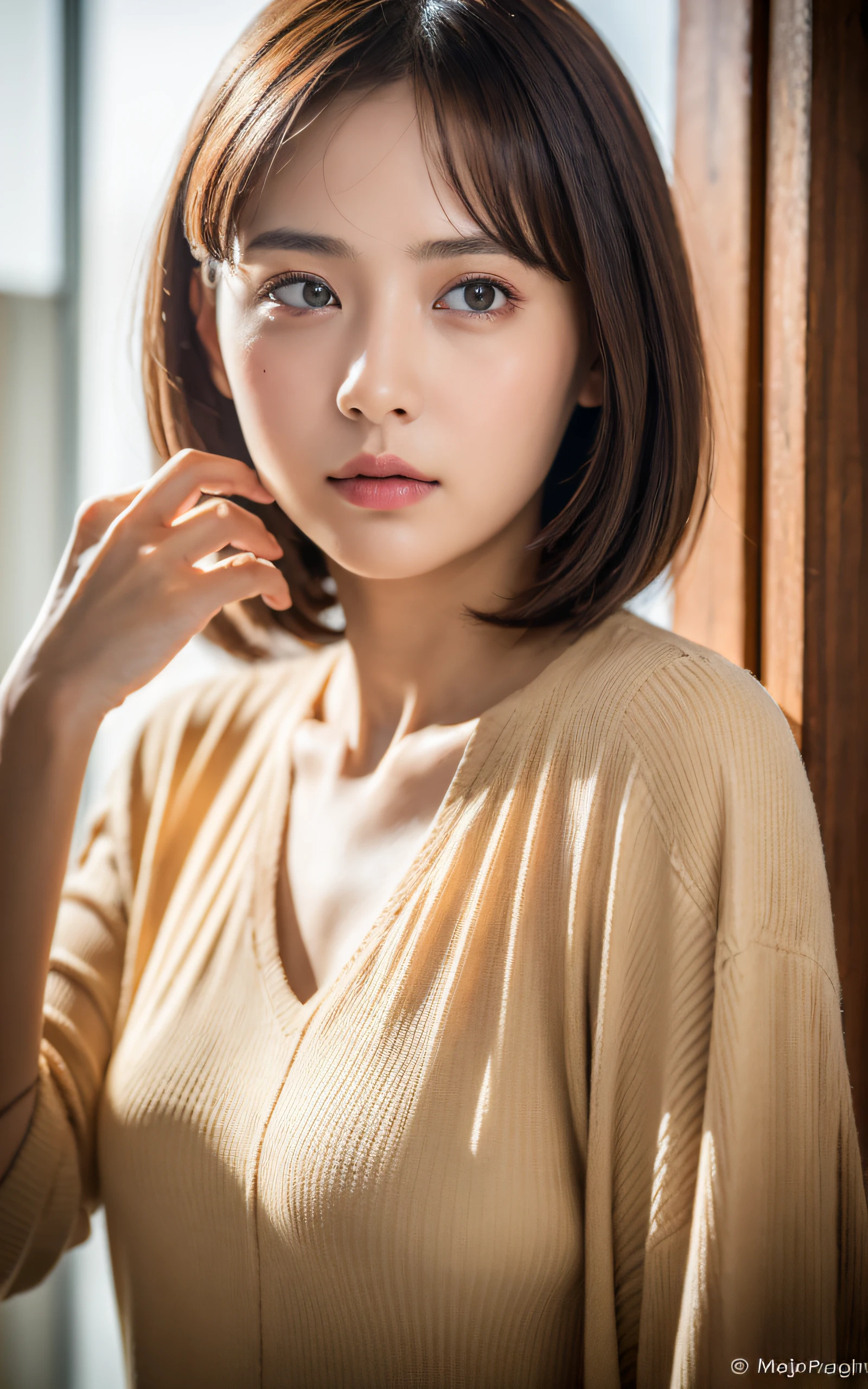 (Masterpiece:1.3), (8k, Photorealistic, RAW Photography, Best Quality: 1.4), soft light, professional lighting, 1girl, very beautiful girl, neat and clean beauty, shy, A close-up of her face desperately trying not to cry, Brown short hair, blouse