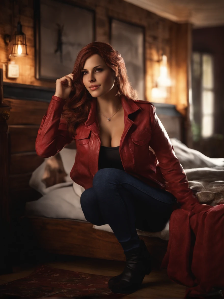 Alisa Bosconovitch tekken e Claire Redfield Resident Evil na cama, se beijam, seios medios. pose sexy， shirt without zipper, no-bra, seios medios lindos,cabelos longos, sorriso lindo, surreaal, 8k, hdr,