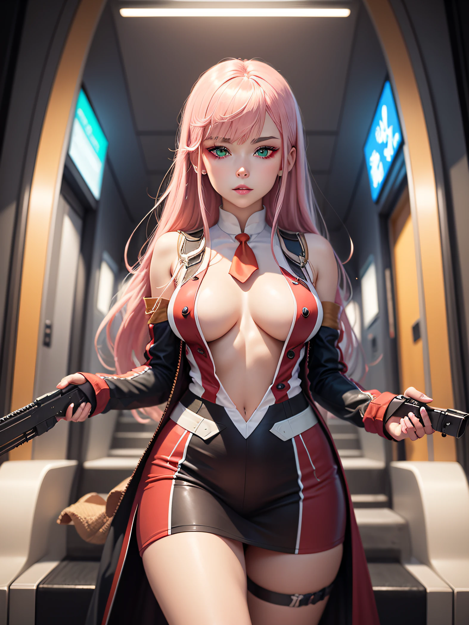 Anime girl in uniform with gun and bow in mall, from the azur lane videogame, azur lane style, Kantai Collection Style, girls frontline style, kantai collection arcade, macross delta splash art, characters from azur lane, girls frontline cg, official artwork, kancolle, from girls frontline, girls frontline universe, Best Quality, Highly detailed, masutepiece, hightquality, adult girl, Best eye quality, The quality of the eyes of the masterpiece, Fantasy, High-quality eyes, 8K, Cameltoe, Small breasts, Green eyes, rose hair, Hair long, Sexy positions, Erotica, Beautiful.