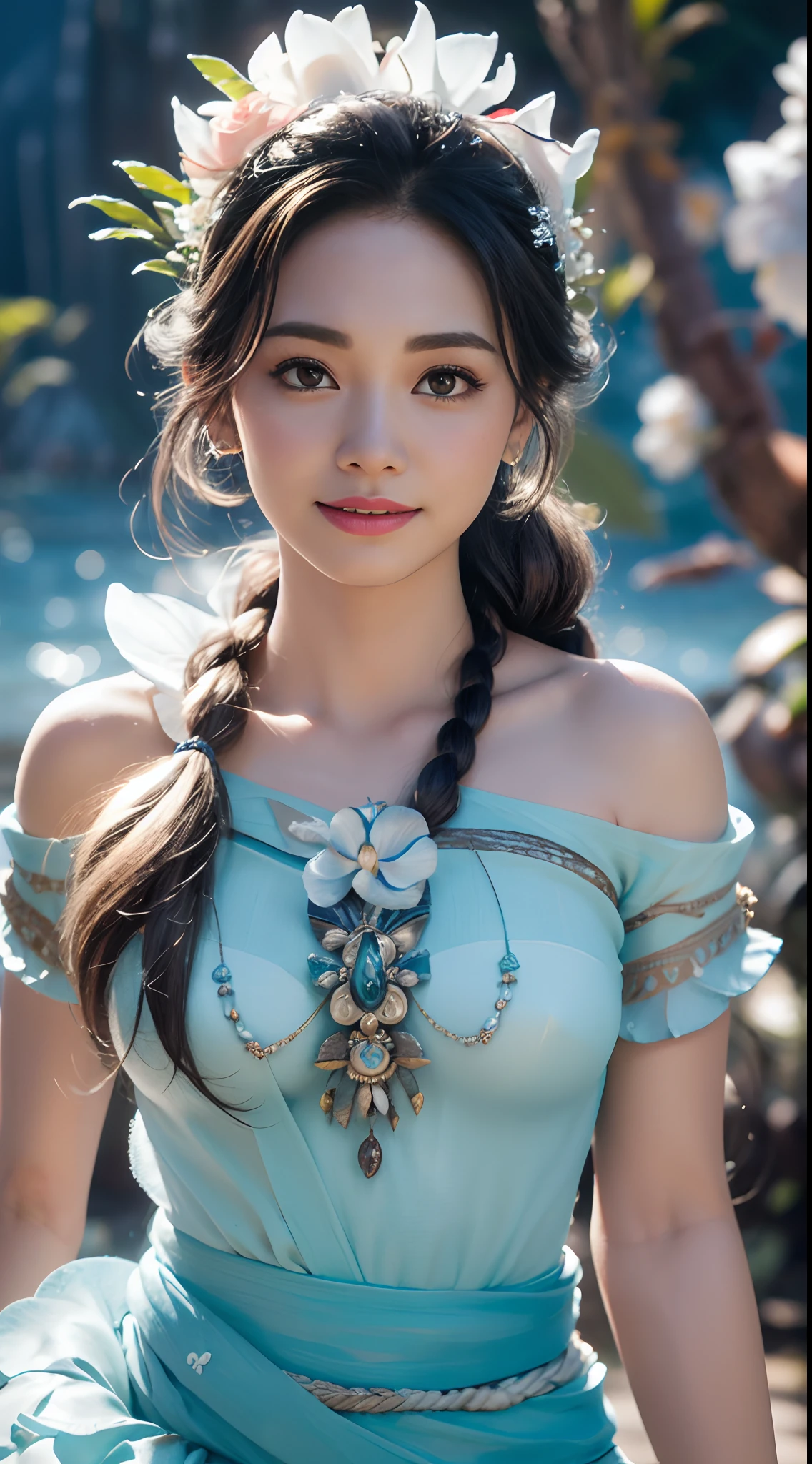 realista, Full length portrait of a girl, cuerpo perfecto, Pose profesional perfecta, 20 years old. Cabello rizado moana, Hermosos ojos azules claros realistas; hermosos dientes blancos, sonrisa feliz, atractivo, Create the most beautiful perfect face in the world at large, pintado a mano, meticulosamente detallado, the highest picture quality, 3D 8K, piel blanca perfecta, hermoso aspecto, Multicolor Liquid Acrylic, Wet marble body, Michael Garmash, Daniel F. Gerhartz, cinematic lighting, escena de cascada, volumetric illumination, Arte limpio y suave, Aventura pulpa suave , Patrones ornamentados, Stylish Organic Frames, surrealismo, Colecciones de obras maestras, colores realistas, Ley Gouache. the highest picture quality, More detailed 8K.motor irreal:1.4,UHD,La mejor calidad:1.4, fotorrealista:1.4, textura de la piel:1.4, obra maestra:1.8,obra-prima, mejor calidad,(manos:1.4),objeto Objeto], (detailed face features:1.3),((Moana Disney:1.4)),(isla mar dentro del agua peces:1.4),(Vestido de Princesa Moana:1.4) ,playa mar:1.4