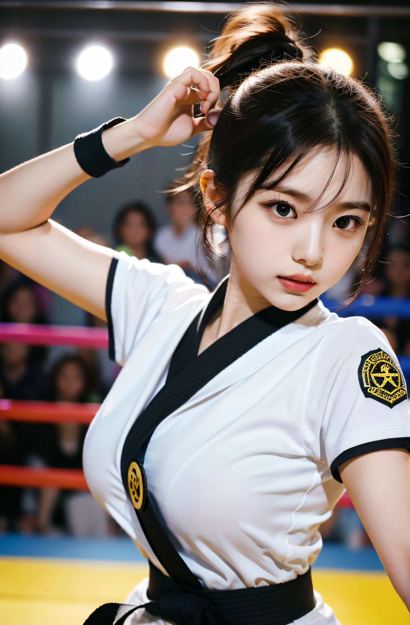 Content: Solo Idol, Eri Kamei from Morning Musume, Dressed as a karate player, In karate uniforms, Black belt, Showing off a cute and beautiful figure in the form of big breasts. She is engaged in a sparring match with another karateka, Emphasis on serious facial expressions and dynamic movements.
Medium: Photography.
Style: Ultra-realistic, High contrast, nffsw, Vivid and rich colors.
Lighting: Shine a strong spotlight on a subject with a slight shadow behind it, Highlight the intensity of the match.
Colors: Natural tones centered on the white of the karate uniform and the deep black of the belt.
Composition: Canon EOS 5D Mark IV DSLR Camera, EF 85mm f/1.8 STM lens, Resolution 30.4 megapixels, ISO sensit: 100, Shutter Speed 1/125 sec, Depth of field to capture every detail of the action.
--ar 16:9 - V5.1 --Style raw --Q 2 --S 750