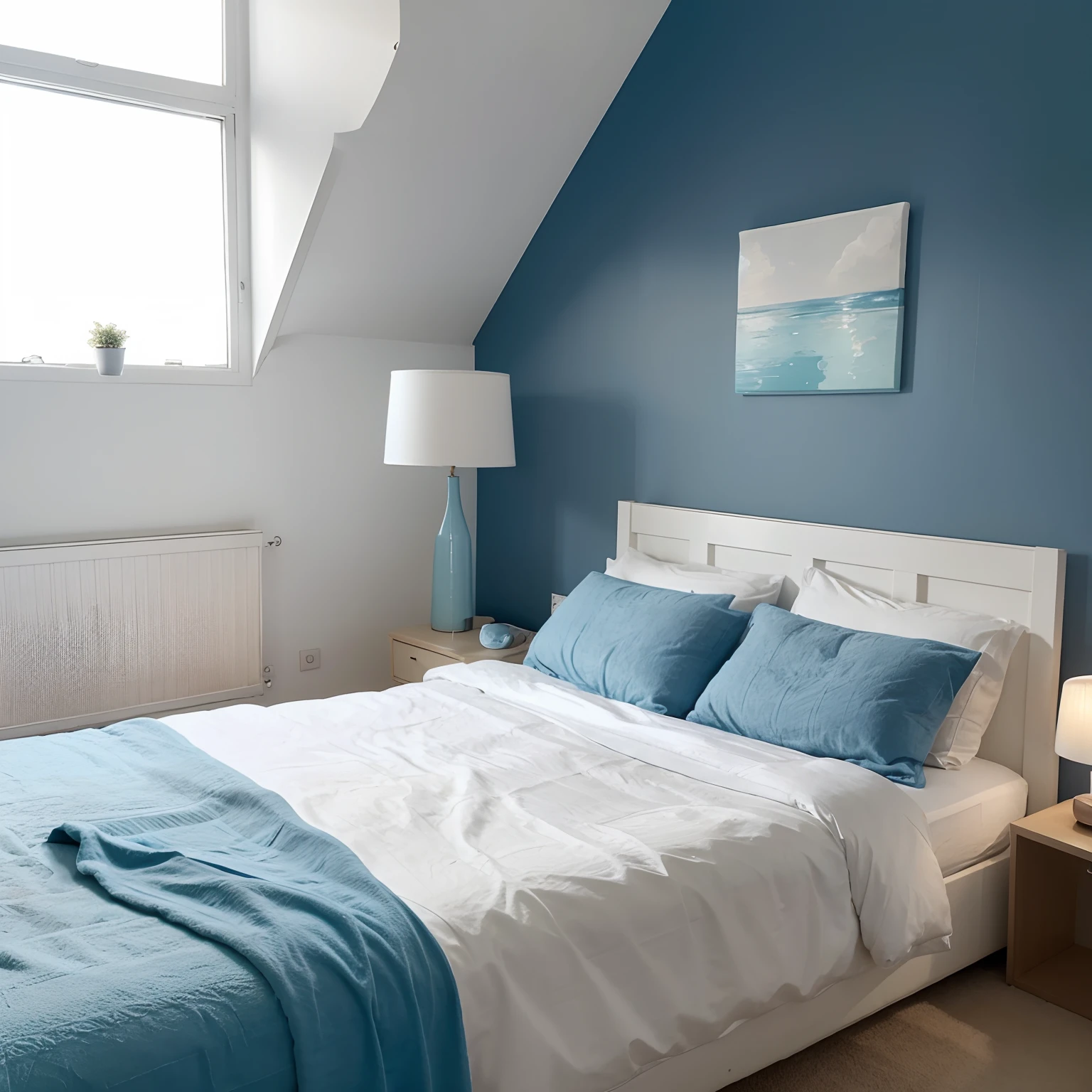 One bedroom comes with bed linen and pillows, a lamp, A painting of bright sky Coty 22 10BB 55/065 gradient tannin blue bright sky Coty 22 minimalist design