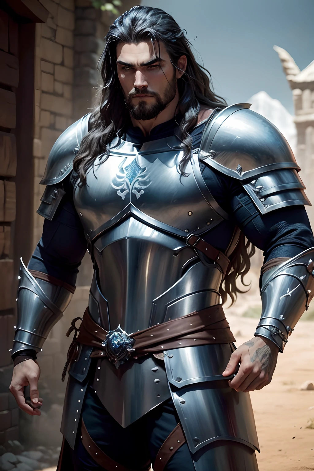 O ator Jason Mamoa, como um Elfo de RPG de fantasia Medieval, com cabelo preso em um rabo de cavalo, vestindo uma armadura medieval, with breastplate made of strong silver steel, com uma capa azul marinho em suas costas, as a champion Lancelot knight Paladin of the Oath of Heroism, visualmente interessante, Ultra realismo.