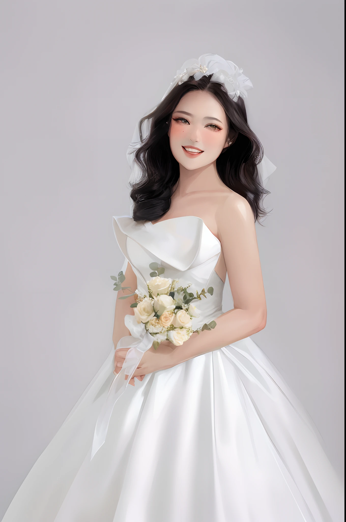 Woman in white wedding dress holding bouquet,  in front of white back drop, a beautiful woman in white aodai, Wearing a wedding dress,  Bride,ssmile，Cool white skin，White。，curlies，largeeyes，Smile and show your teeth