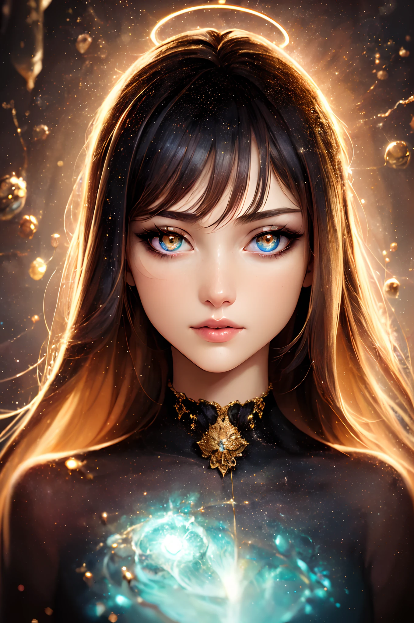 Best Quality, Realistic, Portrait, 1girl in, celestial, Deities, Goddess, light Particle, Halo, Looking at Viewer, (bio luminescent:0.95) loimu, bio luminescent, Vibrant, Colorful, Color, (Glow, Glow), (Beautiful composition), Cinematic lights, Convoluted, (symmetry: 0.5), capricious, alien planet, Sheer shirt,