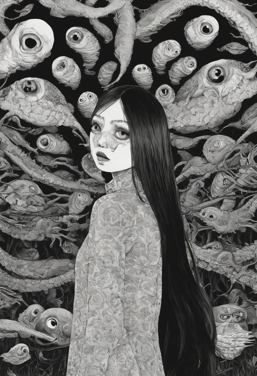 [(Junji Ito:1.4), creepy, dark, black and white, detailed line art, unsettling, horror manga style, twisted, psychological horror, grotesque, morbid, surreal]
