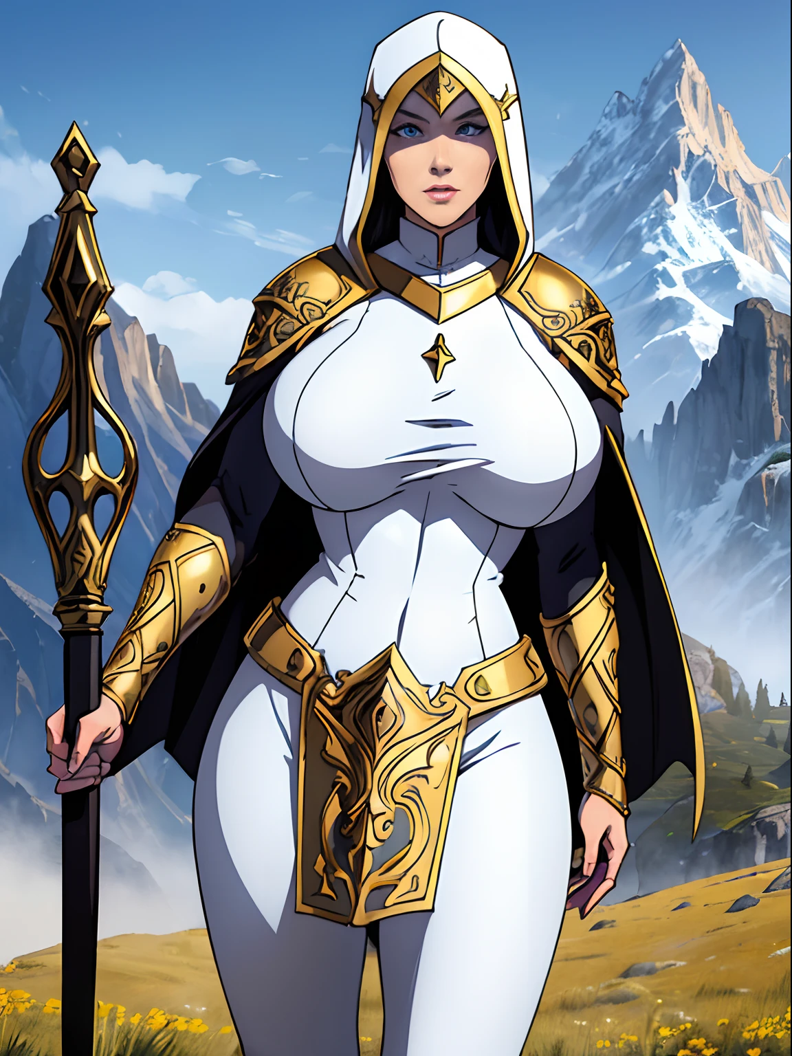 (masterpiece, top quality, best quality, official art, beautiful and aesthetic:1.2), (1girl:1.3), light freckles, fair skin, extremely detailed, portrait, looking at viewer, solo, (full body:0.6), detailed background, close up, (warm grasslands theme:1.1), holy paladin knight, charlatan, smirk, mysterious, swaying in mountains, modest attire, ornate white and gold armor, cowl, nun hood, wimple, boob armor, cowl, robe, chain mail, chainmail, leggings, chainmail leggings, chain mail leggings, breastplate, tabard, gorget, hood, pauldrons, greaves, armored, long boots, longsword, shield, cape, cloak, white fabric, pale leather, ((((gigantic breasts)))), slim waist, slim hips, long legs, medieval (mountain exterior:1.1) background, dark mysterious lighting, shadows, magical atmosphere, dutch angle,