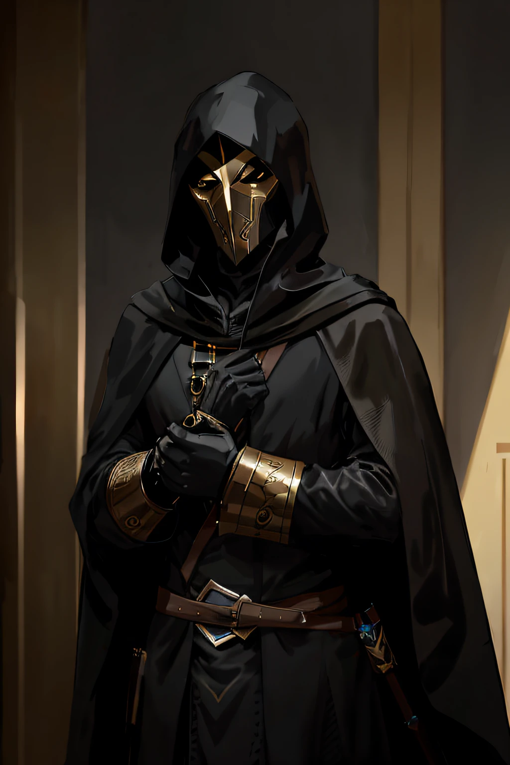 arafed man in a black cloak and a gold mask, corvo attano, hooded cloaked sith lord, doctor doom, in dark robes with gold accents, reaper from overwatch, flowing robes and leather armor, black and gold armor, black and golden armor, steel inquisitor from mistborn, ww 1 sith sorcerer, plague doctor, dark hooded wraith