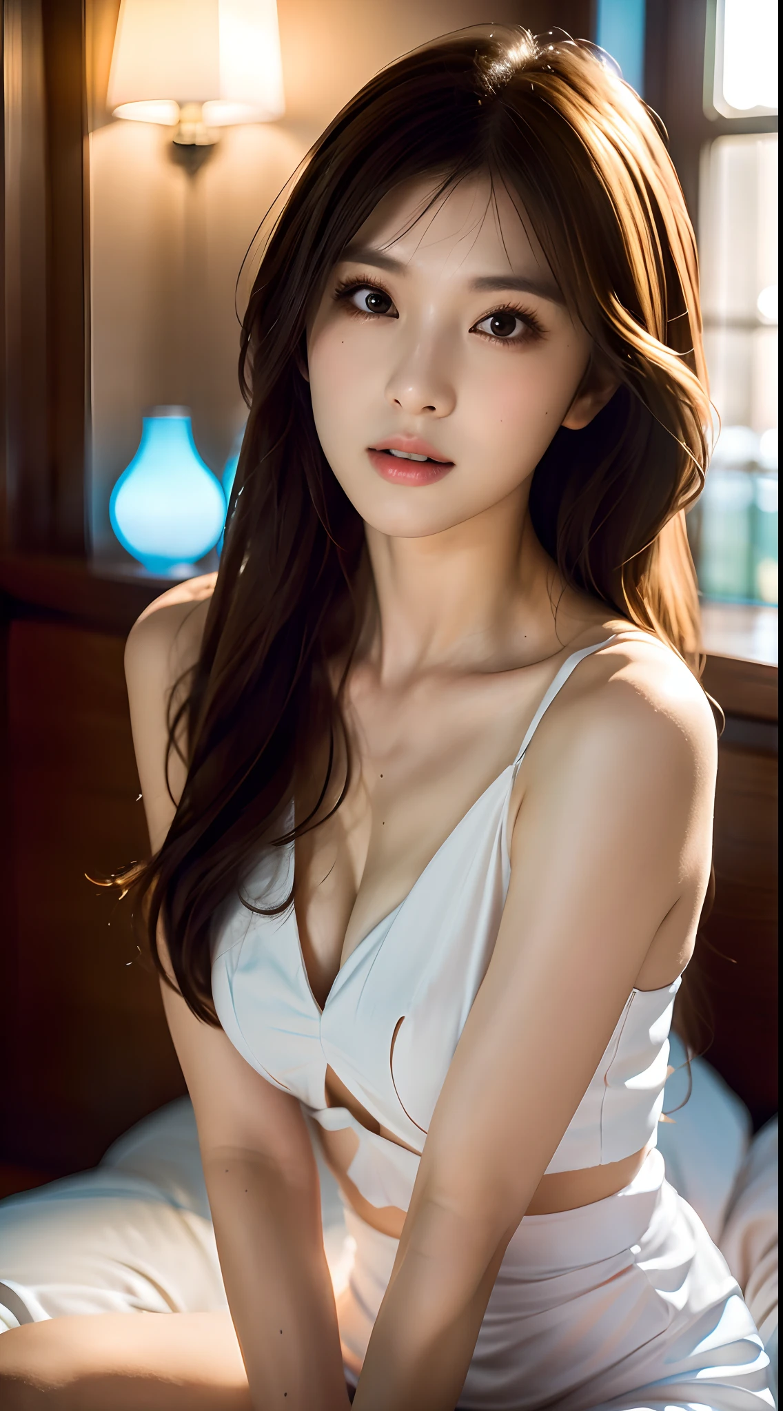Lying in bed, sleeping with spread legs, mix4, (8K, RAW photo, top quality, masterpiece: 1.2), (realistic, photorealistic: 1.37), 1 girl, cute, professional lighting, photon mapping, radiosity, physically based rendering, gradient brunette hair, short curly, handsome, girly, white ball set, excellent image quality, High resolution, 1080p, (clear face), (detailed facial description), (detailed hand description), (masterpiece), (exquisite CG), extreme light and shadow, disheveled hair, masterpiece, rich detail, (exquisite facial features), (best image quality), (masterpiece), (eye for details), looking forward to the eyes, delicate collarbone