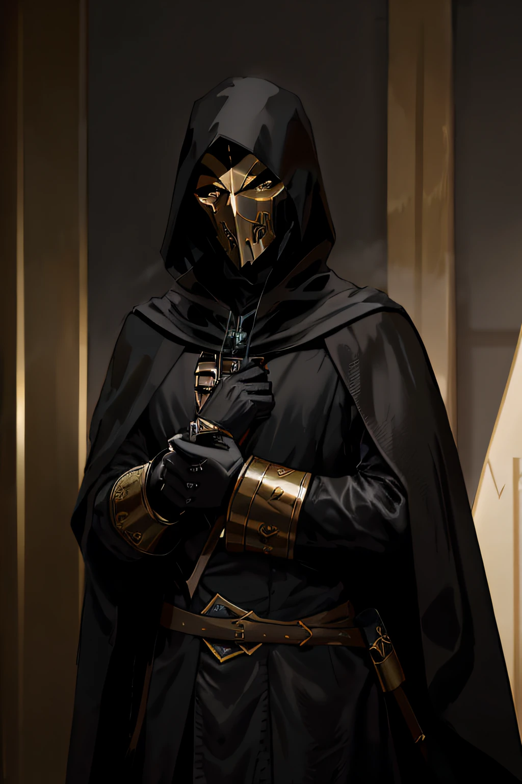 arafed man in a black cloak and a gold mask, corvo attano, hooded cloaked sith lord, doctor doom, in dark robes with gold accents, reaper from overwatch, flowing robes and leather armor, black and gold armor, black and golden armor, steel inquisitor from mistborn, ww 1 sith sorcerer, plague doctor, dark hooded wraith