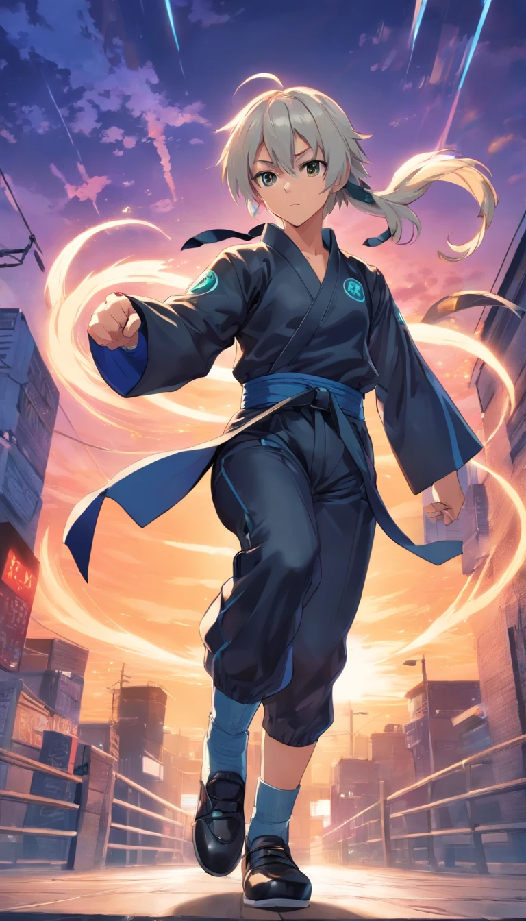 best qualtiy， tmasterpiece， 超高分辨率， realisticlying， 1 boy，（long  white hair），Heterochromic pupils，（Samurai head：！），（Face expression）（Punching pose）（There are scars from fights on the face），Black boxing suit，（Black fist holster），leather shoes，wall，wide angles
