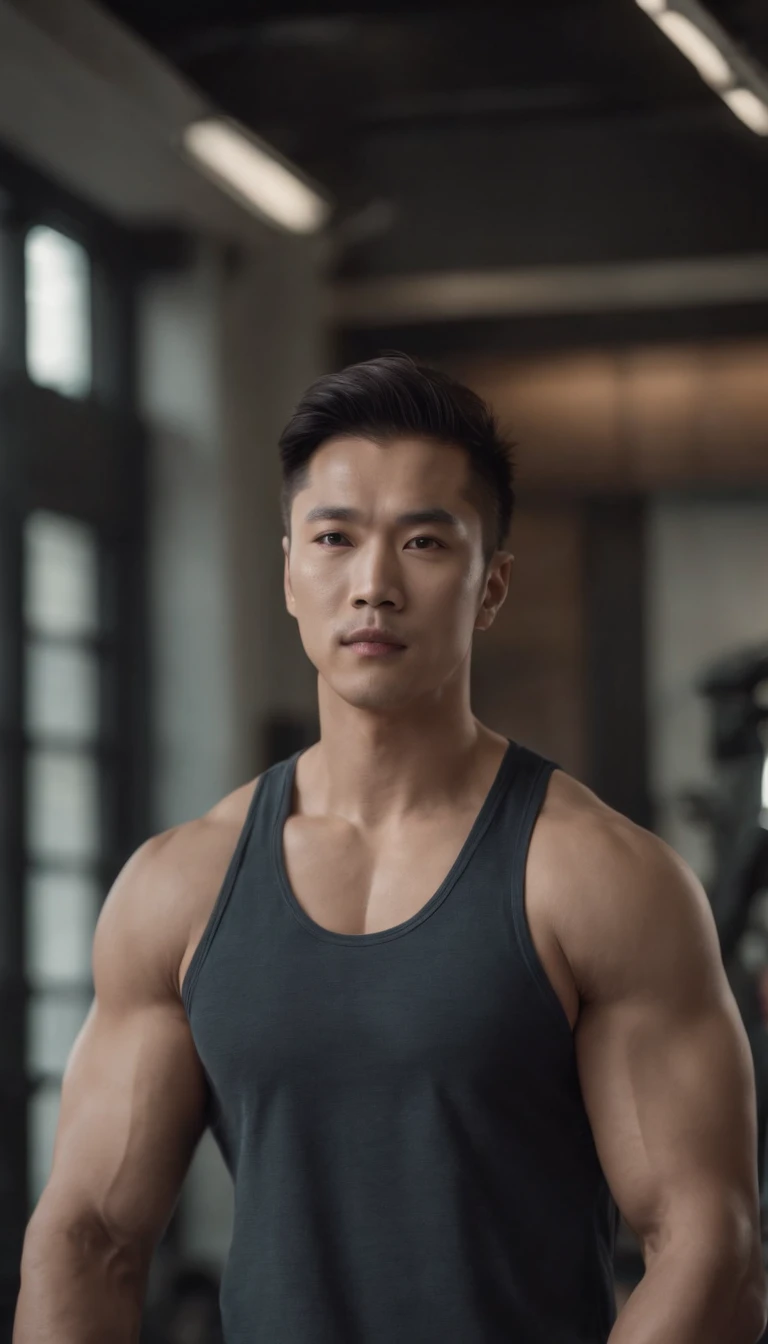 Asian men's gym wears a full tank top , musculous, Height 190 cm, large shoulders, Large muscular feet, (Draw eye details), (hentail realism)