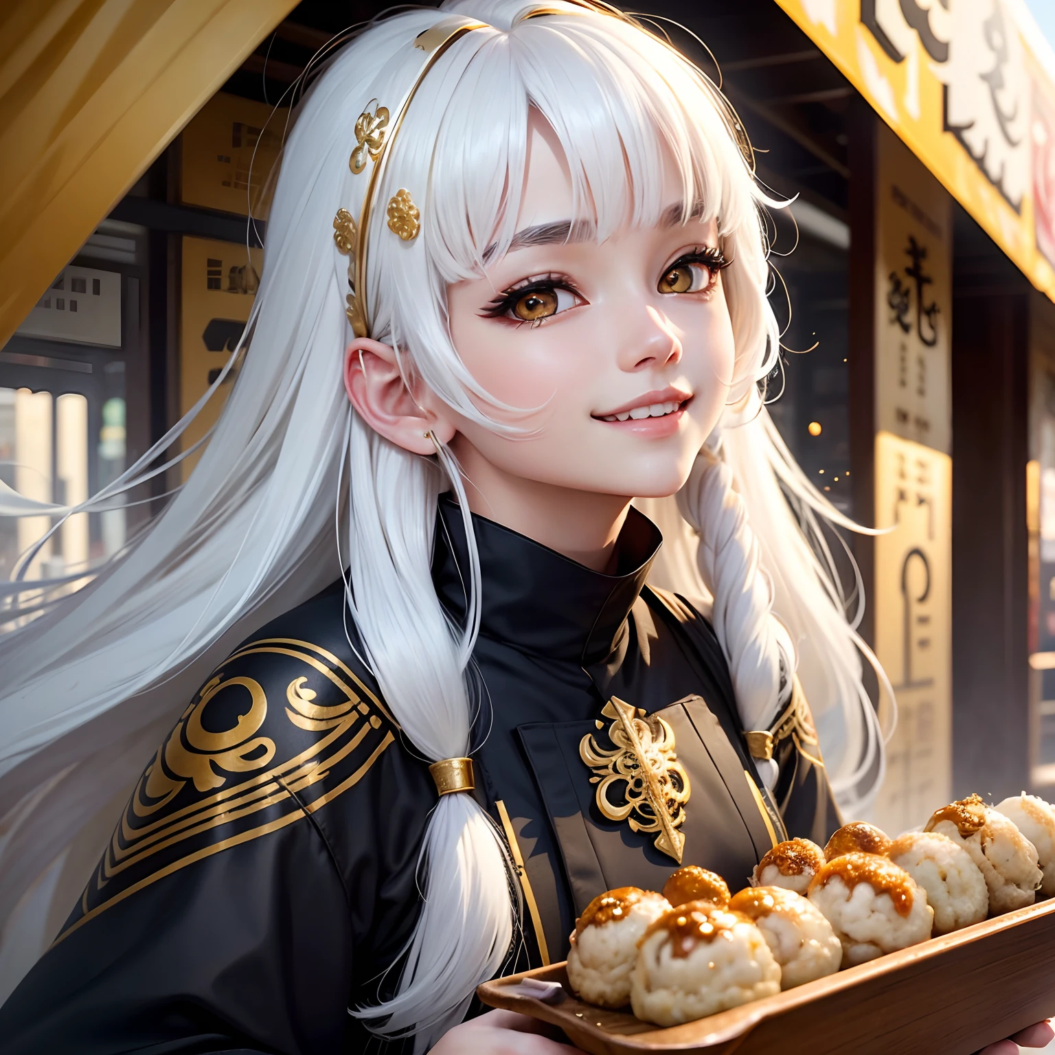 best quality, white hair, gold eyes, black clothes, looking up, upper body, hair strand, Fair skin, smiling, Eating takoyaki