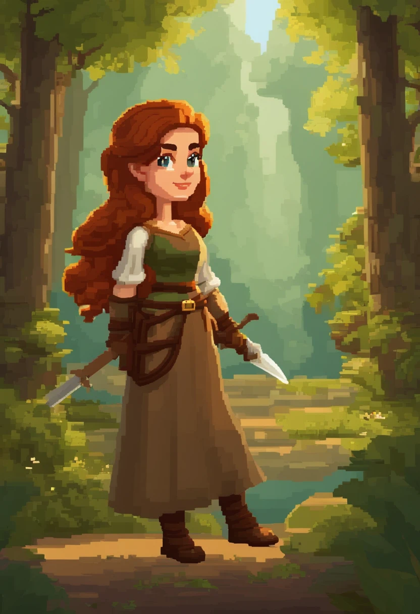 Pixel art de uma jovem mulher ruiva em uma floresta de costas, bela arte detalhada do pixel, Pixel Art detalhado, Lo-fidel retro video games, Pixel Art Conceitual, arte detalhada do pixel, estilo Pixel Art, cidade de pixel, pixel art animation, Pixel Art de alta qualidade, mulher de costas segura uma espada pixel art, #Pixel Art:3, # Pixel Art, #Pixel Art, Magical Medieval Pixelart