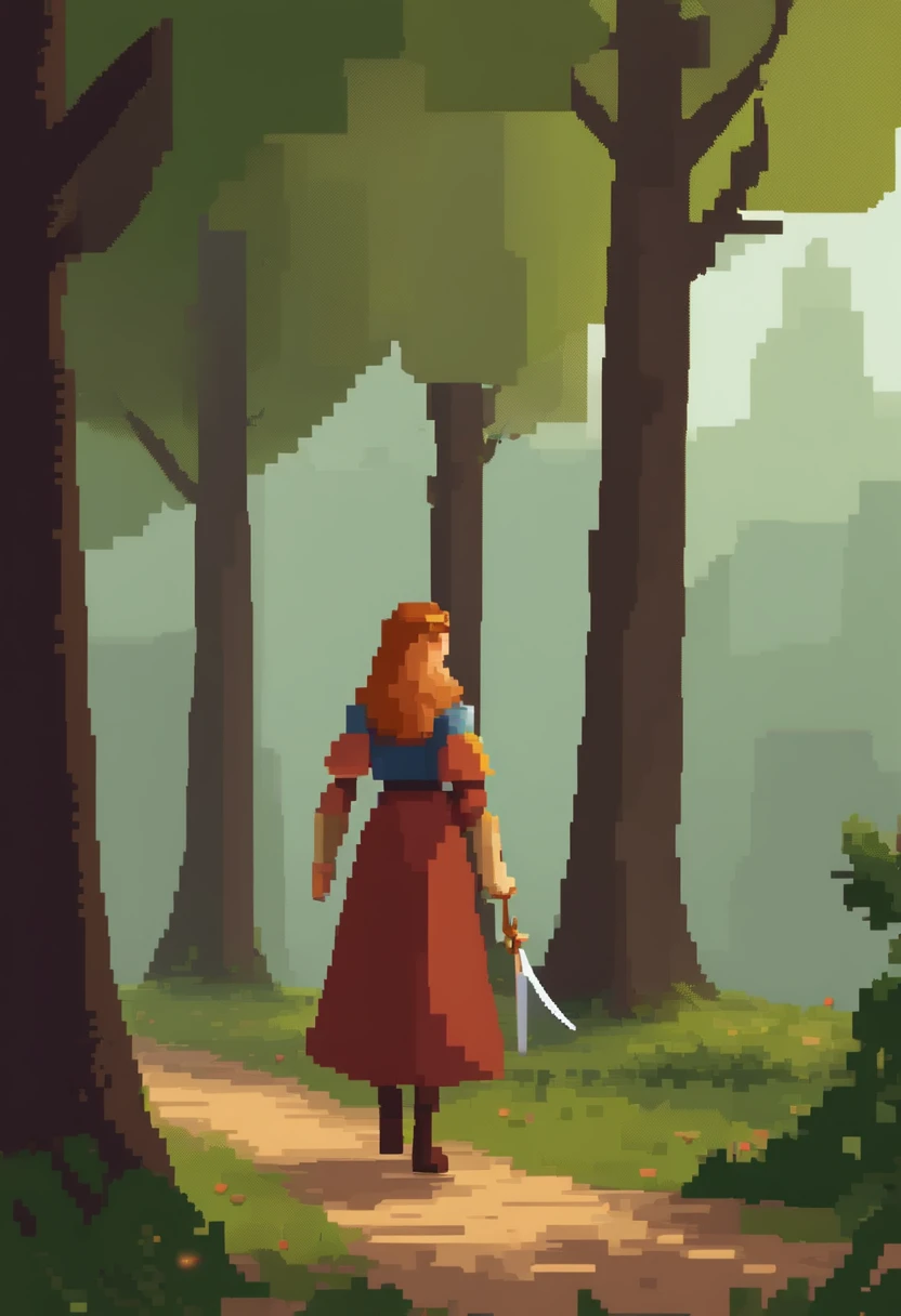 Pixel art de uma jovem mulher ruiva em uma floresta de costas, bela arte detalhada do pixel, Pixel Art detalhado, Lo-fidel retro video games, Pixel Art Conceitual, arte detalhada do pixel, estilo Pixel Art, cidade de pixel, pixel art animation, Pixel Art de alta qualidade, mulher de costas segura uma espada pixel art, #Pixel Art:3, # Pixel Art, #Pixel Art, Realistic Magical Medieval Pixelart