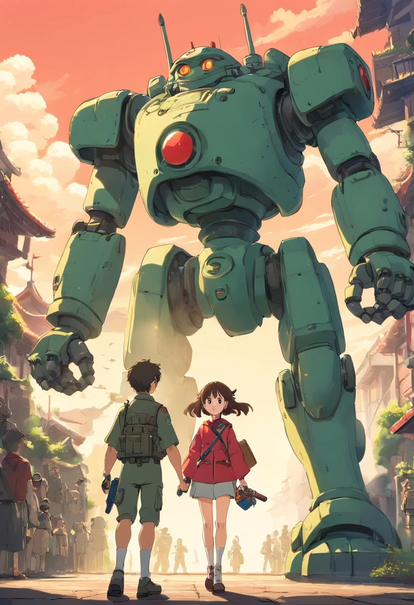(Best quality), Oriental detailed background, Science fiction,Mechanical arms,Girl with man , War, Monster army, techwear outfits,, army suit