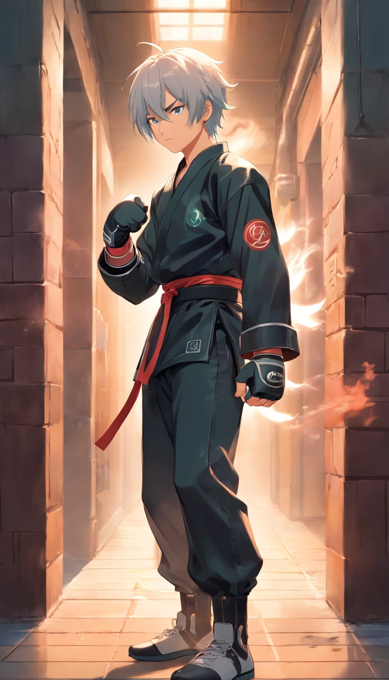 best qualtiy, tmasterpiece, 超高分辨率, realisticlying, 1 boy,(long white hair),Heterochromic pupils,(Samurai head:!)(Back against the wall:1),(Face expression)(Punching pose)(smokeing)(There are scars from fights on the face),Black boxing suit,(Black fist holster),leather shoes,wall,wide angles