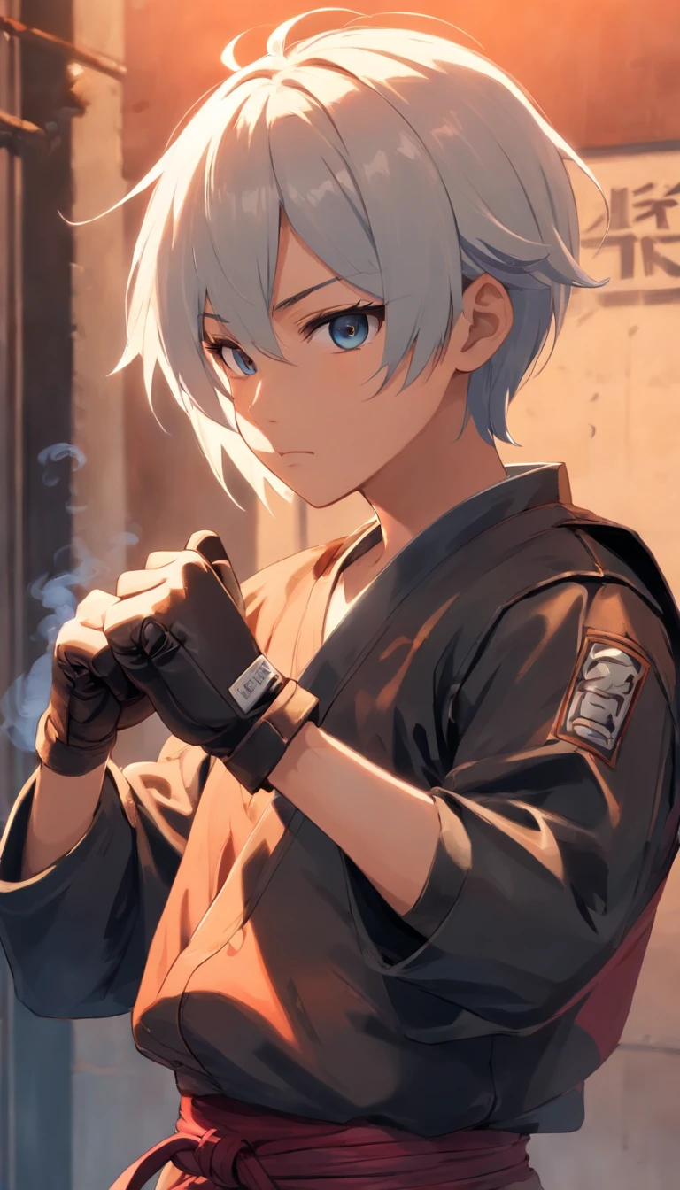 best qualtiy, tmasterpiece, 超高分辨率, realisticlying, 1 boy,(long white hair),Heterochromic pupils,(Samurai head:!)(Back against the wall:1),(Face expression)(Punching pose)(smokeing)(There are scars from fights on the face),Black boxing suit,(Black fist holster),leather shoes,wall,wide angles
