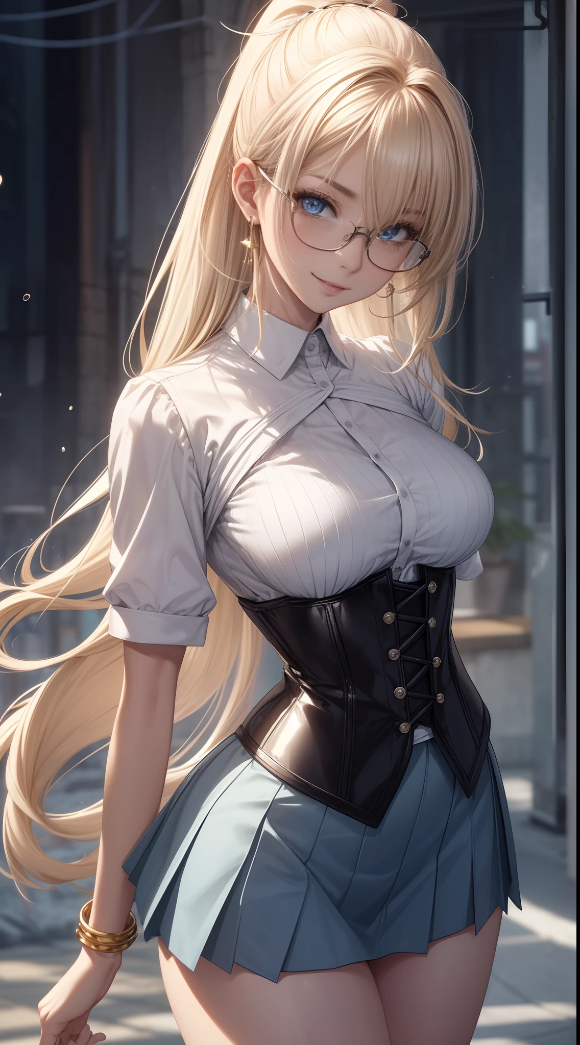 8k, Tabletop, RAW Photos, Highest quality, Realistic, Highly detailed CG Unity 8k wallpaper, Written boundary depth, Cinematic Light, Lens flare, Ray Tracing, (Very beautiful face, Beautiful Lips, Beautiful Eyes), An exquisitely crafted face, ((Highly detailed skin)) One Girl, In the Dark, Deep Shadow, Cute Korean Girl, K-POPアイドル, 1 girl, (Very slim and slender fit muscular body:1.3), ((View your audience)),(Big smile:1.3), (Blurred Background),(No people in the background:1.3), Beautiful earrings, bracelet, Clear Eyes, walk, (Pale skin), (Big eyes), look forward to, (Golden bristles), (Full Body Shot), , ((Blue high waist skirt)), , (View your audience:1.3) Open the chest, Very slim, Mid-chest, focus on, in front of the eyebrows, Thick thighs((White shirt:1.3)), (Double-breasted,Underbust:1.2), Short sleeve, Button gap,Frameless Glasses,Corset belt,Beautiful ponytail,blonde,