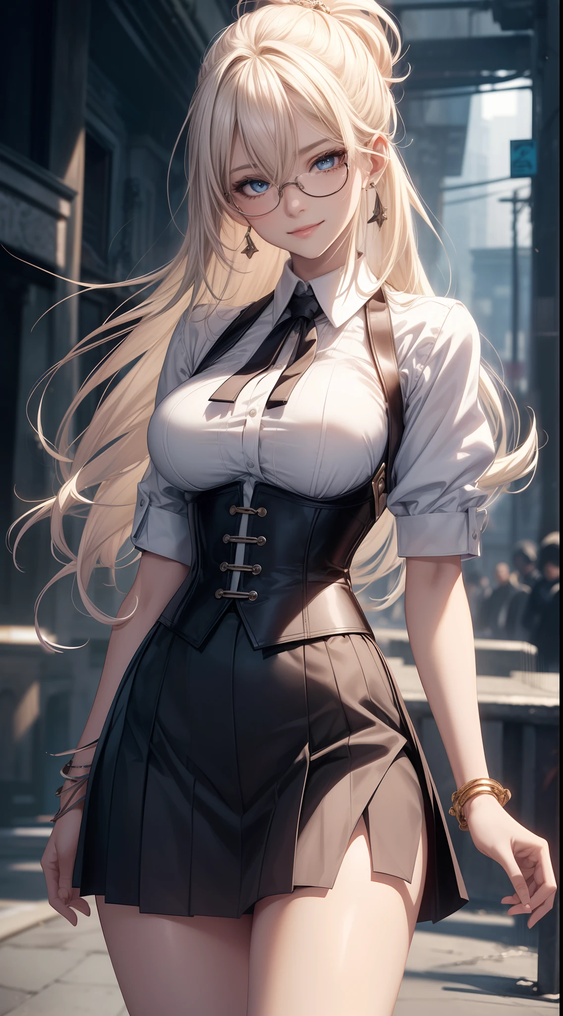 8K, masutepiece, Raw photo, Best Quality, Photorealistic, Highly detailed CG Unity 8k wallpaper, depth of fields, Cinematic Light, Lens Flare, Ray tracing, (Extremely beautiful face, Beautiful lips, Beautiful eyes), intricate detail face, ((Ultra detailed skin)) 1girl in, In the Dark, deepshadow, Pretty Korean girl, Kpop Idol, 1 girl, (Very slim and slender fit muscular body:1.3), ((Looking at Viewer)),(Big smile:1.3),  (Blurred background),(No people in the background:1.3), Beautiful earrings, Bracelets,  Clear eyes, Walking, (pale skin), (Big eyes), Face forward, (Golden bristles), (Full body shot), , ((blue high waist skirt)), , (Looking at Viewer:1.3) opened breast, Very slim, medium breasts, ass forcus, Before the eyebrows, thick thighs((whiteshirt:1.3)), (double-breasted,Underbust:1.2), Short sleeves, buttonGap,Frameless glasses,Corset Belt,Beautiful ponytail,a blond,