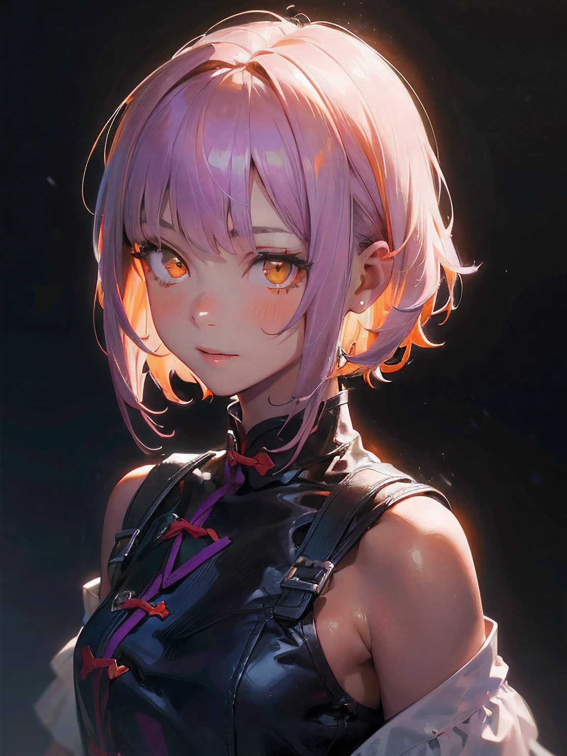 a 19 yo girl , Light Pink Hair , (hi-top fade:1.3) , dark themed , Muted Tones , Subdued Color , highly contrast , (natural skin textures , Hyper-Realism , Soft light , sharp) , ((Light Purple Aodai)) , ((shoulder-length hair)) , (bright orange eyes) , friendly expression , focus on the face , opposite shot , full head ,friendly smile, (bright orange eyes:1.5)