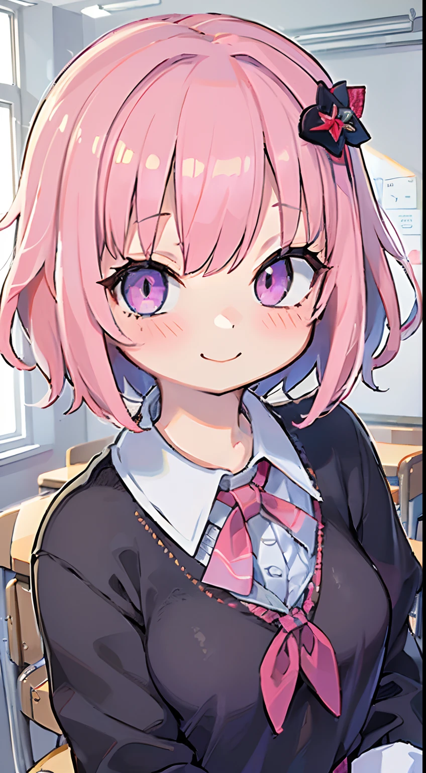 (best quality:1.1), (masterpiece:1.4), (absurdity:1.0), portrait, close-up, 1girl, momo velia deviluke, hair ornament, bob cut, short hair pink hair, purple eyes, medium breasts , yellow school uniform, looking at viewer, classroom, (blush:1.2), smile,