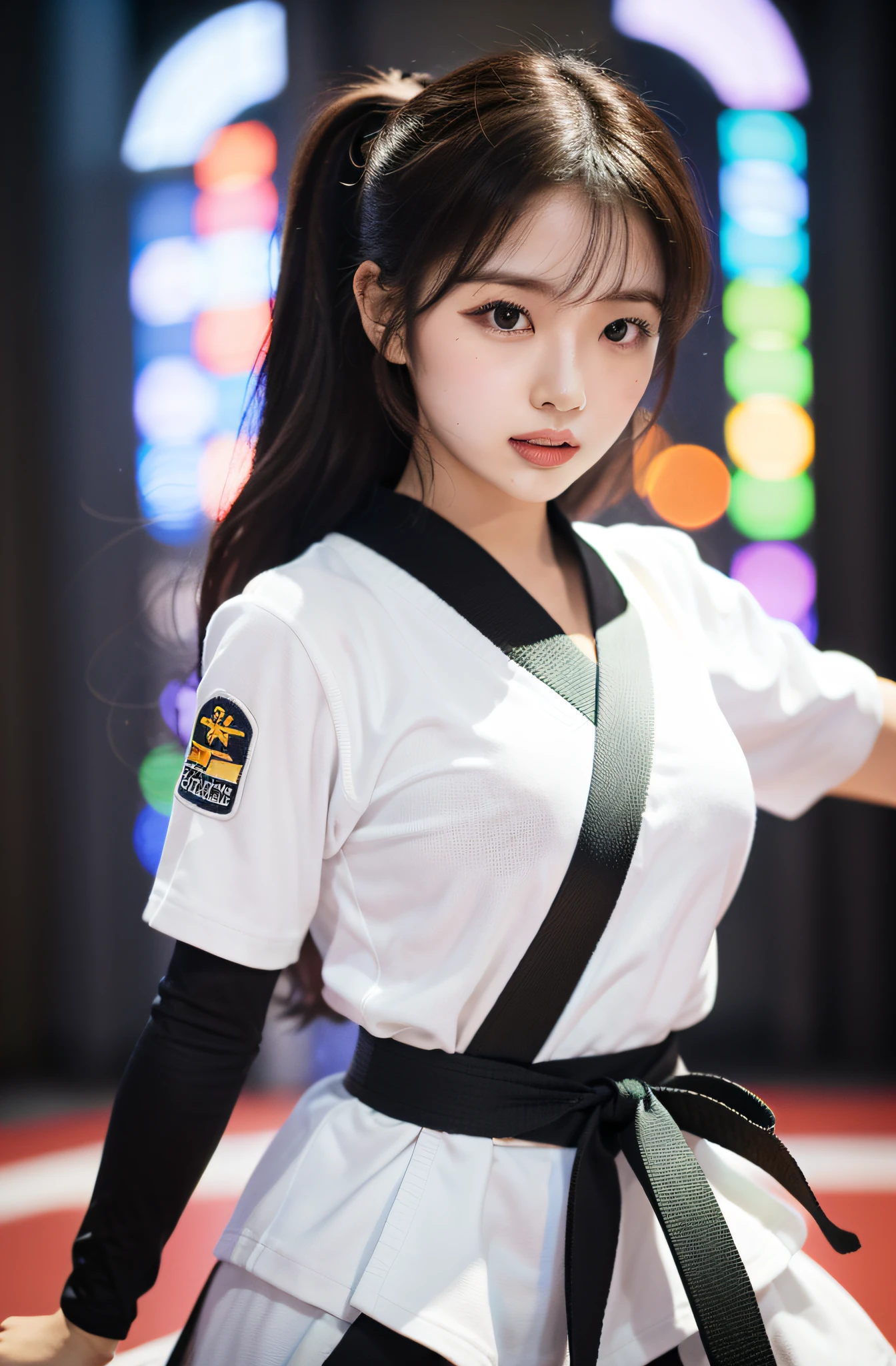 Content: Solo Idol, Eri Kamei from Morning Musume, Dressed as a karate player, In karate uniforms, Black belt, Showing off a cute and beautiful figure in the form of big breasts. She is engaged in a sparring match with another karateka, Emphasis on serious facial expressions and dynamic movements.
Medium: Photography.
Style: Ultra-realistic, High contrast, nffsw, Vivid and rich colors.
Lighting: Shine a strong spotlight on a subject with a slight shadow behind it, Highlight the intensity of the match.
Colors: Natural tones centered on the white of the karate uniform and the deep black of the belt.
Composition: Canon EOS 5D Mark IV DSLR Camera, EF 85mm f/1.8 STM lens, Resolution 30.4 megapixels, ISO sensit: 100, Shutter Speed 1/125 sec, Depth of field to capture every detail of the action.
--ar 16:9 - V5.1 --Style raw --Q 2 --S 750