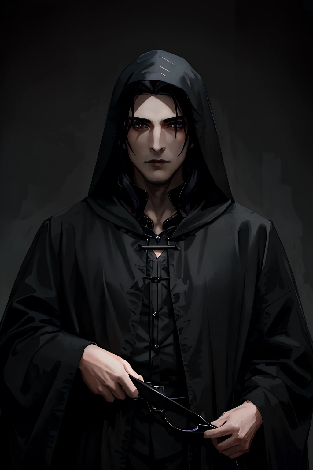 arafed man in a black robe holding a pair of scissors, wearing dark robe, wearing in black cloak, gothic wearing hooded dark cloak, wearing a black cloak, noble elf male in black robes, male vampire, wearing dark robes, dark robe, wearing dark cloak, handsome male vampire, wearing black medieval robes, portrait of a slender elven man