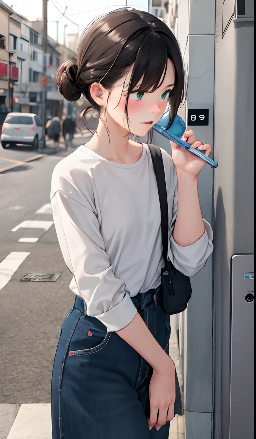 1 girl is taking to lavatory, looking away, standing, Green eyes, embarrassed, blush, Keep one's mouth shut, street (girl is peeing self:0.4)