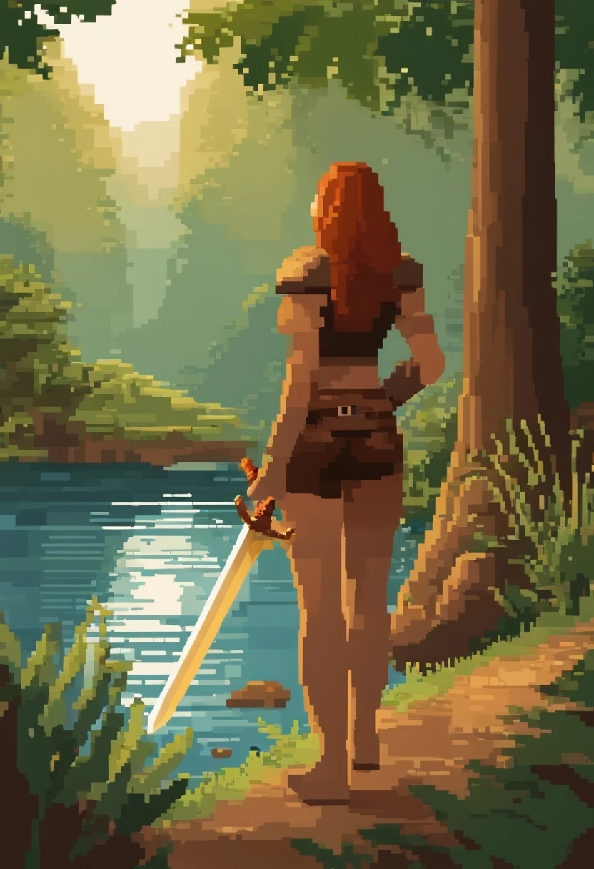 Pixel art de uma jovem mulher ruiva em uma floresta de costas de longe, bela arte detalhada do pixel, Pixel Art detalhado, Lo-fidel retro video games, Pixel Art Conceitual, arte detalhada do pixel, estilo Pixel Art, cidade de pixel, pixel art animation, Pixel Art de alta qualidade, mulher de costas segura uma espada pixel art, #Pixel Art:3, # Pixel Art, #Pixel Art, Pixelart Medieval Magical Realistic Beautiful Pixelart