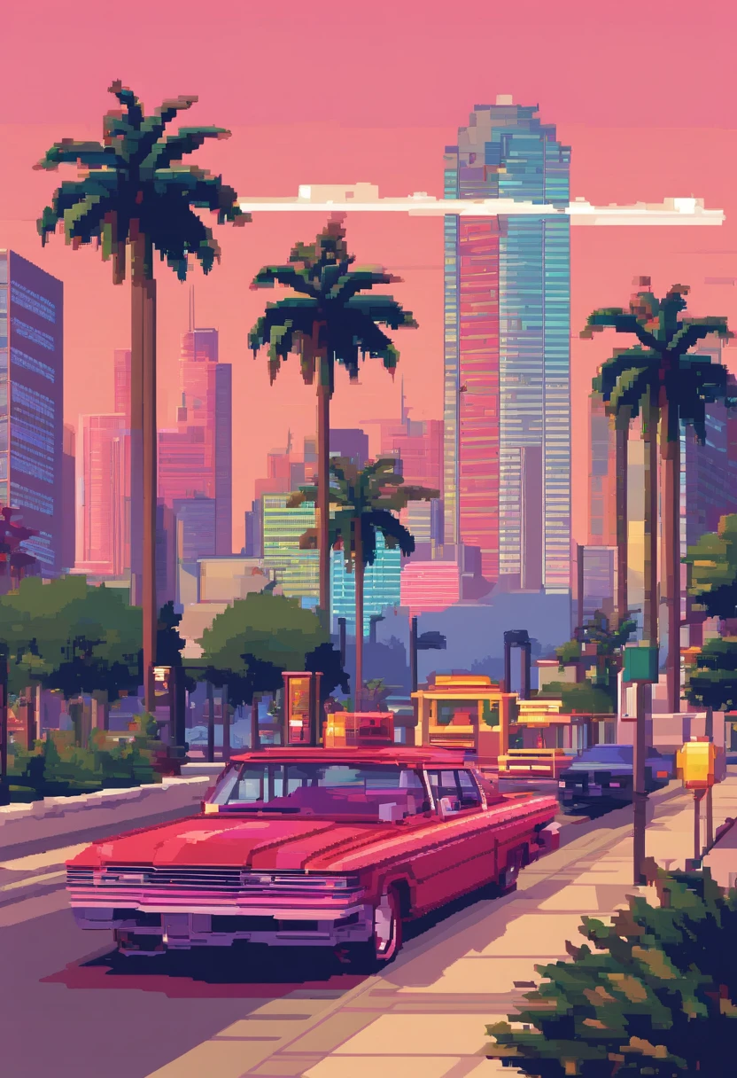 Pixel art tourist destination landscape of GTA vice city. Evening. 3d pixel art 4k wallpaper. Incredible pixel art details. Pixel art. Steam waves. Detailed unreal engine pixel art
