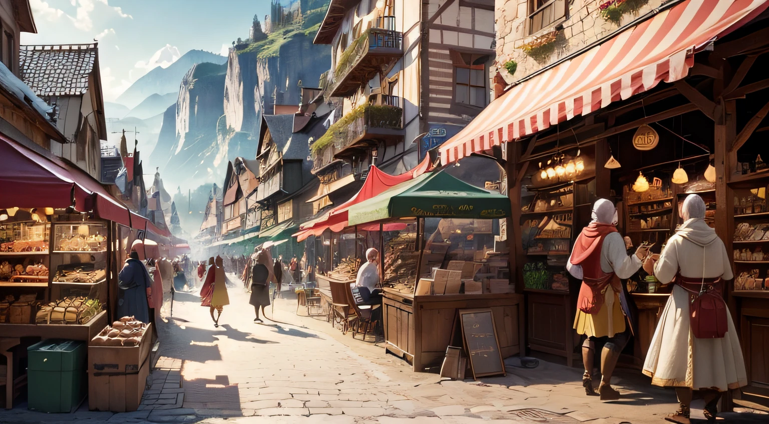 fantasy town,festival,fantasy market,festive,adventurers,townspeople,parade,mountainside,mountain background,lushful environment,(best quality,4k,8k,highres,masterpiece:1.2),ultra-detailed,(realistic,photorealistic,photo-realistic:1.37),colorful,enchanted atmosphere,medieval architecture,elaborate costumes,joyful celebrations,hustle and bustle of the market,lively music and dancing,daylight.