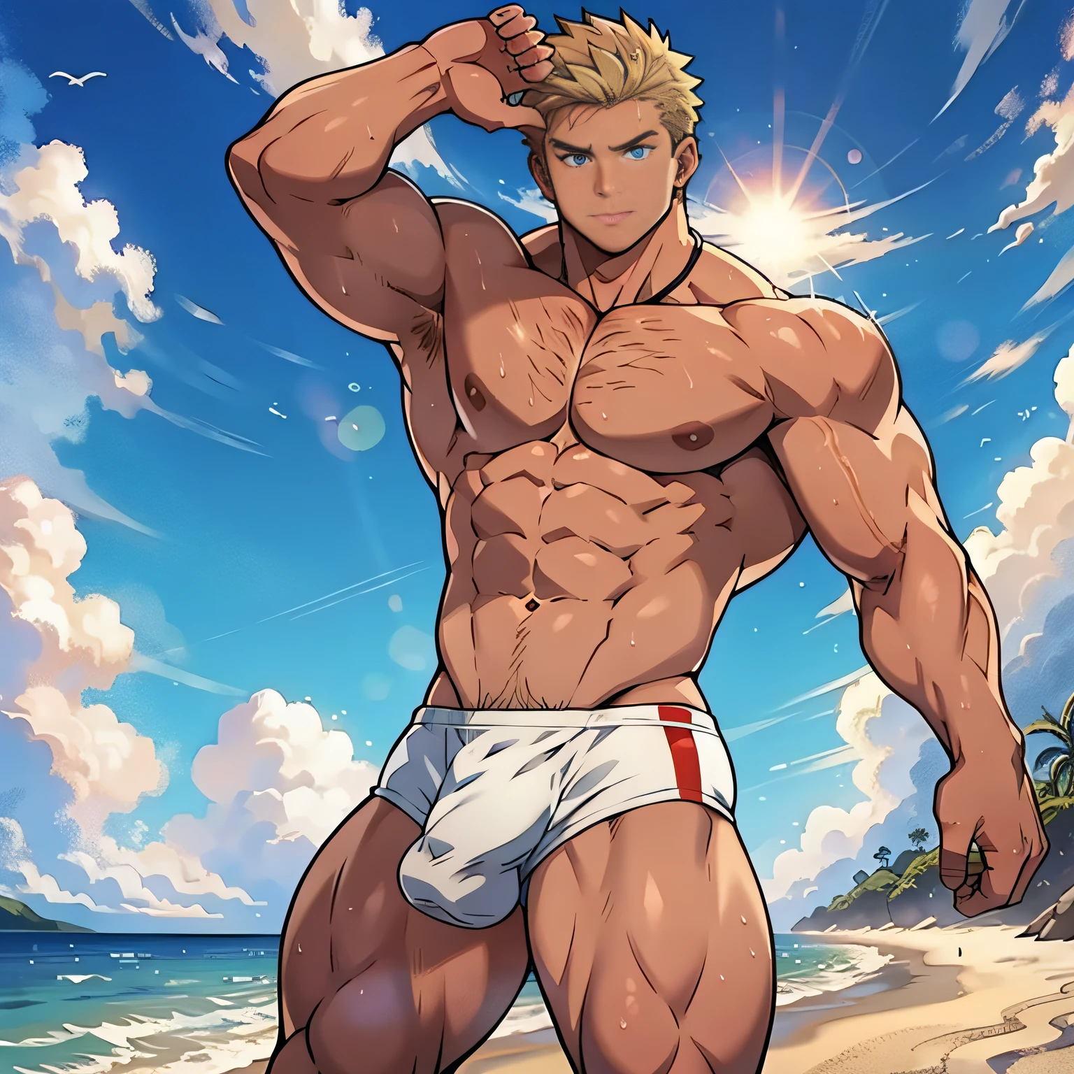 ((Anime style art)), Extremely muscular male character, Roman ethnicity, Pale skin, short wavy hair, blonde hair, Sapphire blue eyes, bodybuilder body, Shirtless, Topless, (((SHIRTLESS))) Hands raised at neck level, (((Hands raised at neck level))) wears a string thong, bulge in the crotch, Beach, sun, clouds, Main character of the anime, Nice image, Hard drive, 4k.