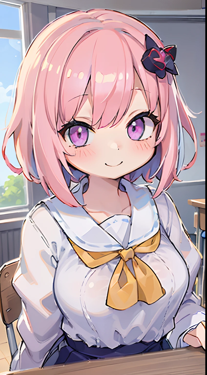 (sfw), 1girl, blush, smile, cowboy shot, dynamic angle, arms behind back, small breasts, looking_at_viewer, school_uniform, shirt, skirt, <hypernet:shennai_misha-20000:1>