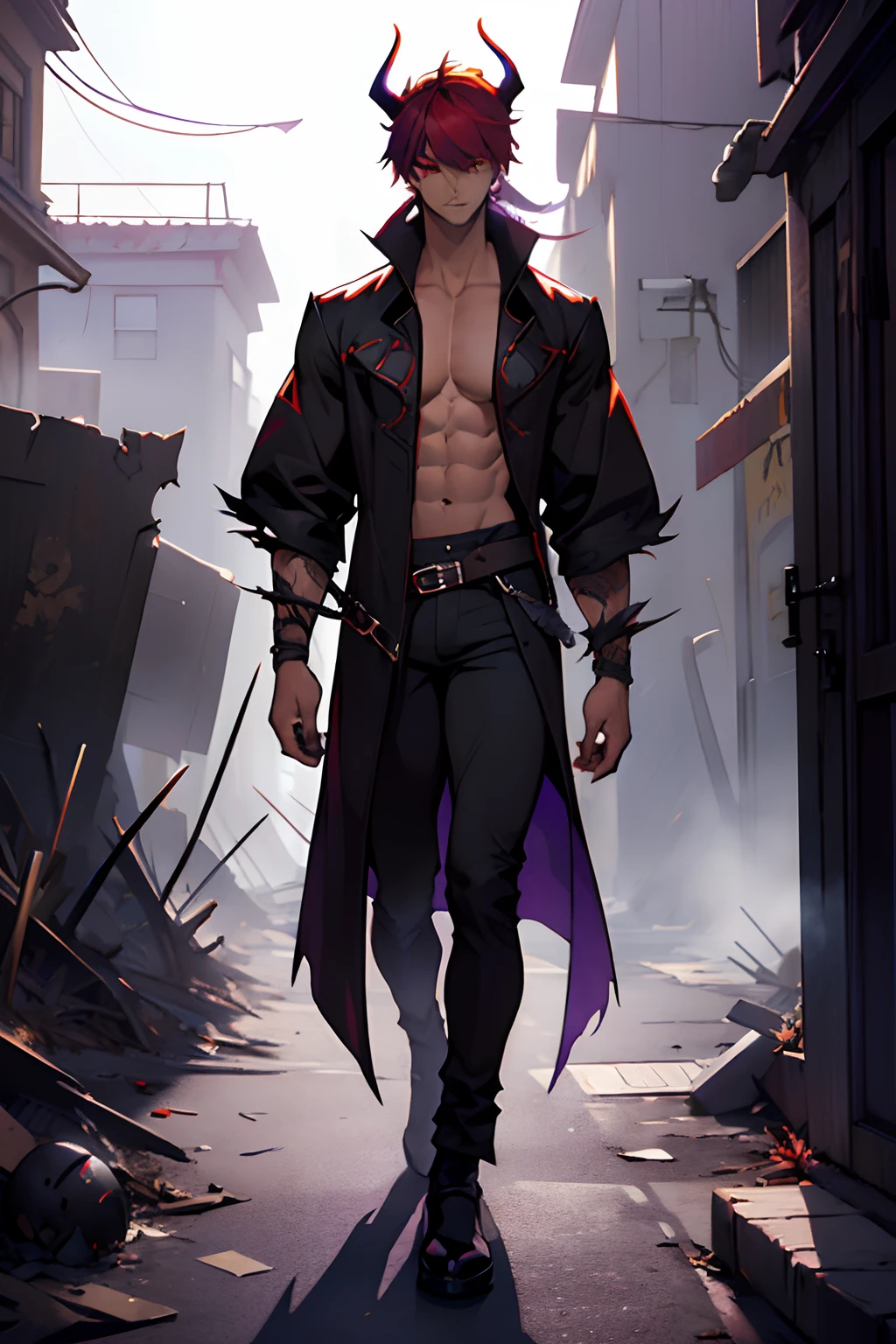 create an anime style image of a very handsome roguish man with a mysterious expression, dark cloak, a silver dagger in his hands, jet black hair, scarlet eyes, defined body, muscular chest out, muscular arms, tight pants, legs thick, choker on the neck, big-ass