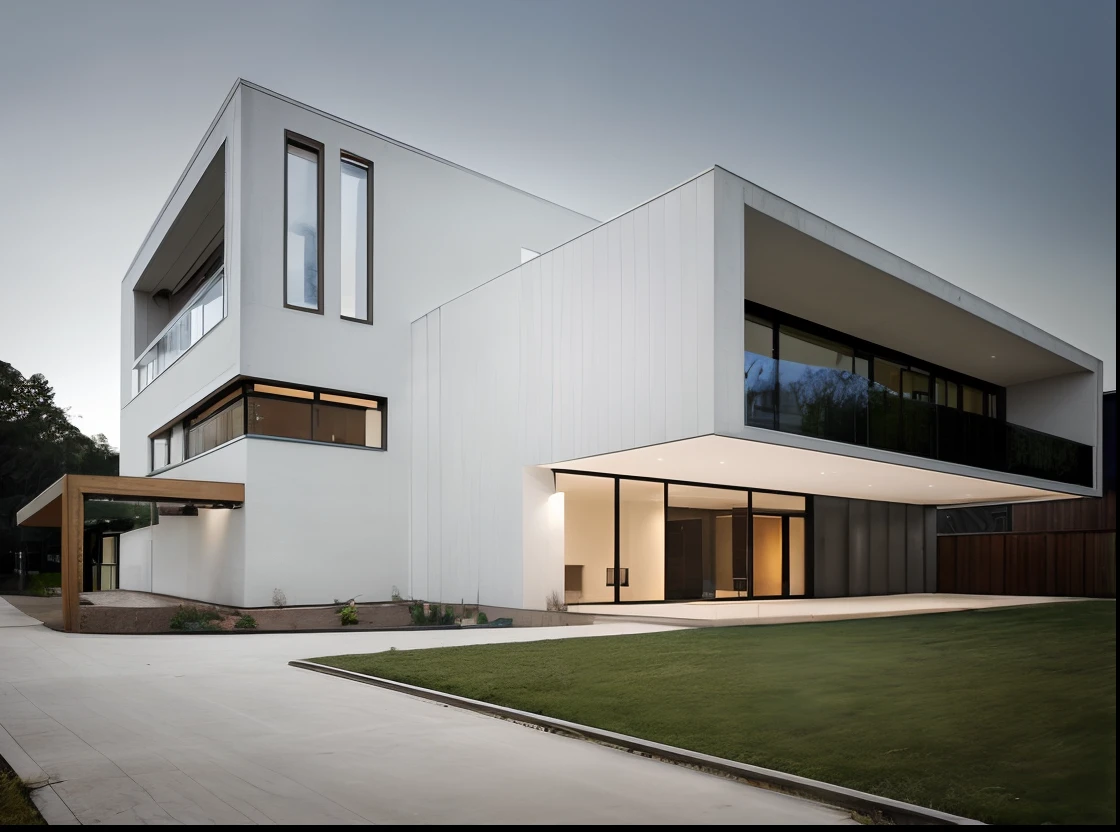 a view of a modern home with a large front road,The image follows the outline, main material by glossy white wall and black stone and wood, 1 road runs in front of the house, (RAW photo, real, best quality, masterpiece:1.2), look morden minimalist, 1 road in front of the house, shime ring light, light brighteness from indoor:1.2, dynamic lighting:1.3, (hyper realistic, photo-realistic:1.2), high quality, day lighht, hight contrast :0.5 perfect lighting, archdaily, award winning contemporary, contemporary masterpiece, well-designed masterpiece, large modern residence, neotraditional modern, wide angle exterior 2022, midcentury modern, contemporary house, hip modern vibe, a long-shot from front, award winning modern design, stunning lines, residential, (((subtle detailing:1.3)))