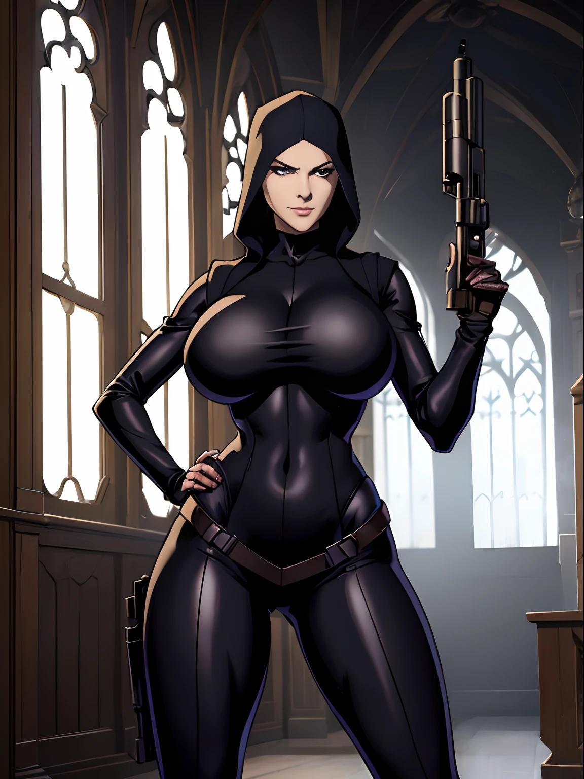 (masterpiece, top quality, best quality, official art, beautiful and aesthetic:1.2), (1girl:1.3), light freckles, fair skin, extremely detailed, portrait, looking at viewer, solo, (full body:0.6), detailed background, close up, (dark gothic theme:1.1), nun with guns, charlatan, smirk, mysterious, swaggering through cathedral, modest attire, black habit, cowl, nun hood, wimple, thigh-high boots, bodysuit, leotard, corset, leather straps, ammunition pouches, long boots, submachineguns, SMGs, MP5s, thigh pouches, holsters, garters, ((((narrow hips, slim sexy body, gigantic breasts)))), slim waist, slim hips, long legs, modern (cathedral exterior:1.1) background, dark mysterious lighting, shadows, magical atmosphere, dutch angle,