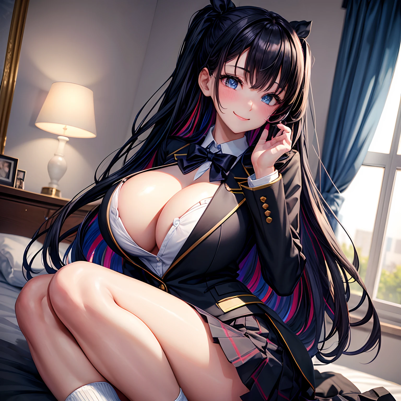 a beauty girl，girl with，a smile，Cute blazer in black uniform，Ribbon on uniform、top-quality，​masterpiece，huge tit，超A high resolution，Multicolored hair，Excellent style，Perfect facial features，a beauty girl，modeled，girl，Long，​masterpiece，a bed，Loose Socks，