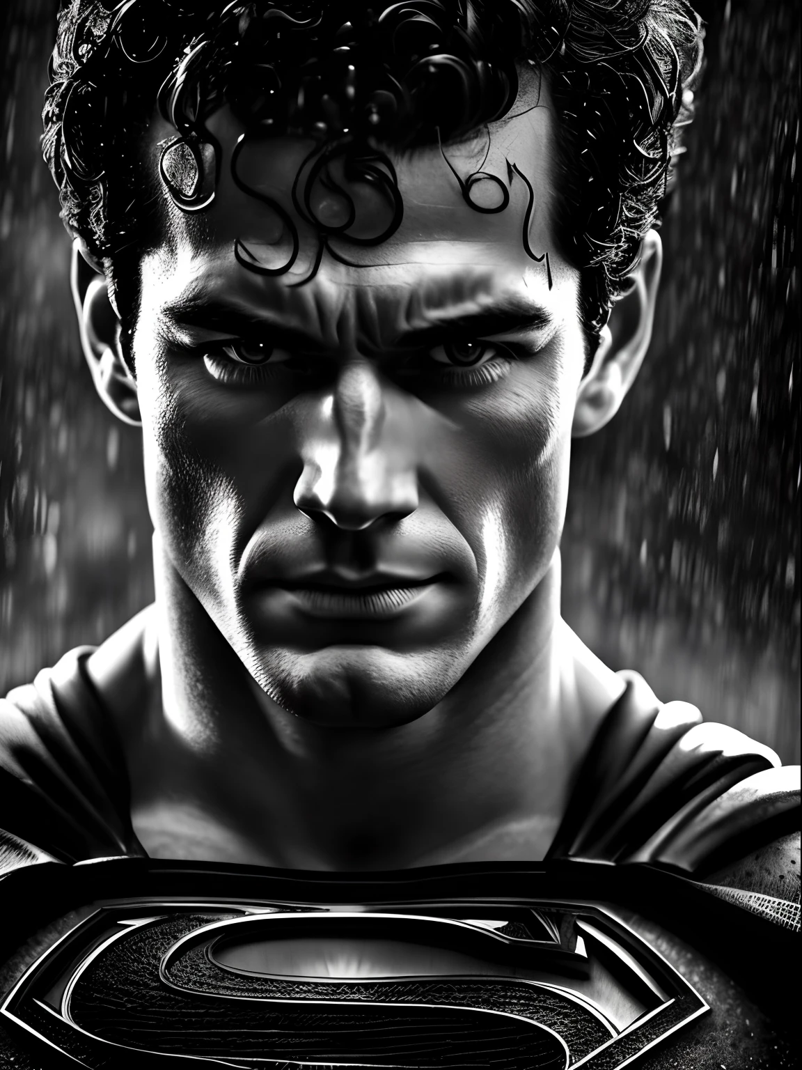 Superman under the rain, in the style of dc comics, emotionally charged portraits, mushroomcore, erased and obscured, white and black, high contrast, whiplash lines, closeup intensity, style raw.