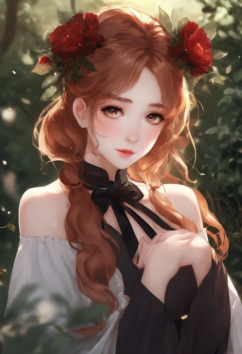 Anime girl with a black flower in her hair, beautiful anime portrait, Ethereal anime, Animated visual of a charismatic girl, Rigid Anime Illustration, Style anime. 8k, anime artstyle, Portrait de style anime, (anime girl), Ailes noires, ange, yeux rouges, Was, Realstic, sang, cheveux roux, Beau paysage, epic, 1fille, Masterpiece, fou, Yandere, Couleur brillante, nsfw