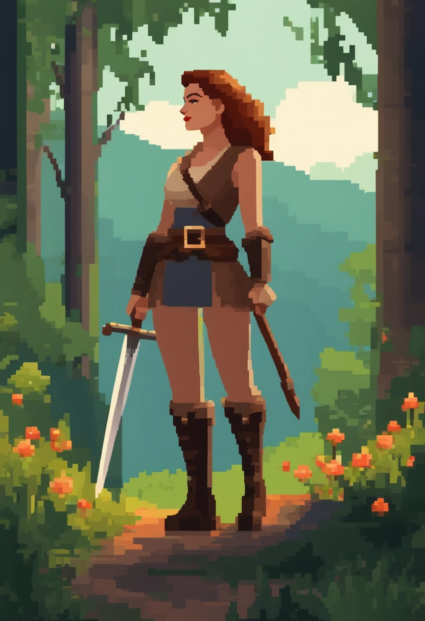Pixel art de uma jovem mulher ruiva em uma floresta de costas de longe, bela arte detalhada do pixel, Pixel Art detalhado, Lo-fidel retro video games, Pixel Art Conceitual, arte detalhada do pixel, estilo Pixel Art, pixel art animation, Pixel Art de alta qualidade, mulher de costas segura uma espada pixel art, #Pixel Art:3, # Pixel Art, #Pixel Art, Pixelart Medieval Magical Realistic Beautiful Pixelart, mulher usa roupa de batalha em pixel